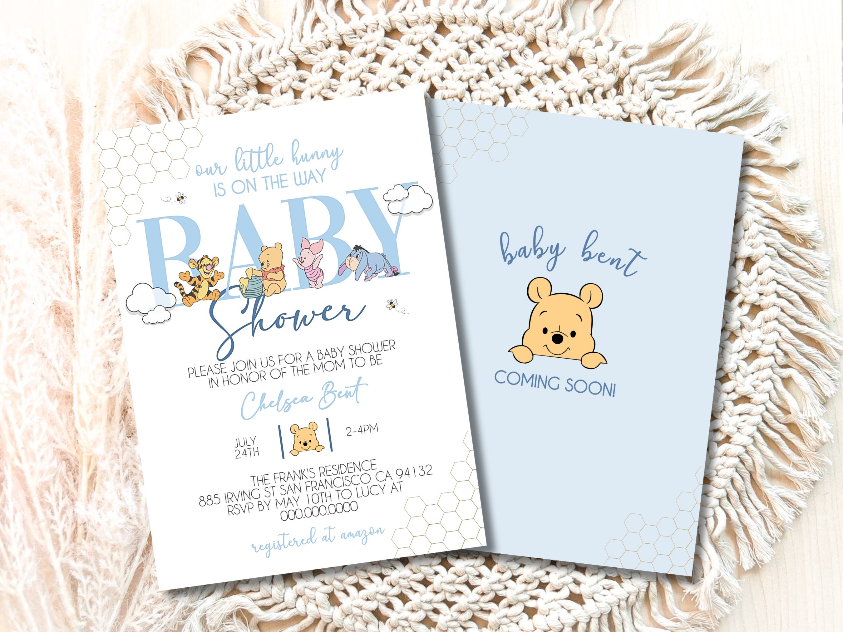 Invito per baby shower a tema Winnie the Pooh, invito per baby shower a tema Winnie the Pooh, decorazioni per baby shower a tema Little Hunny Pooh, ne