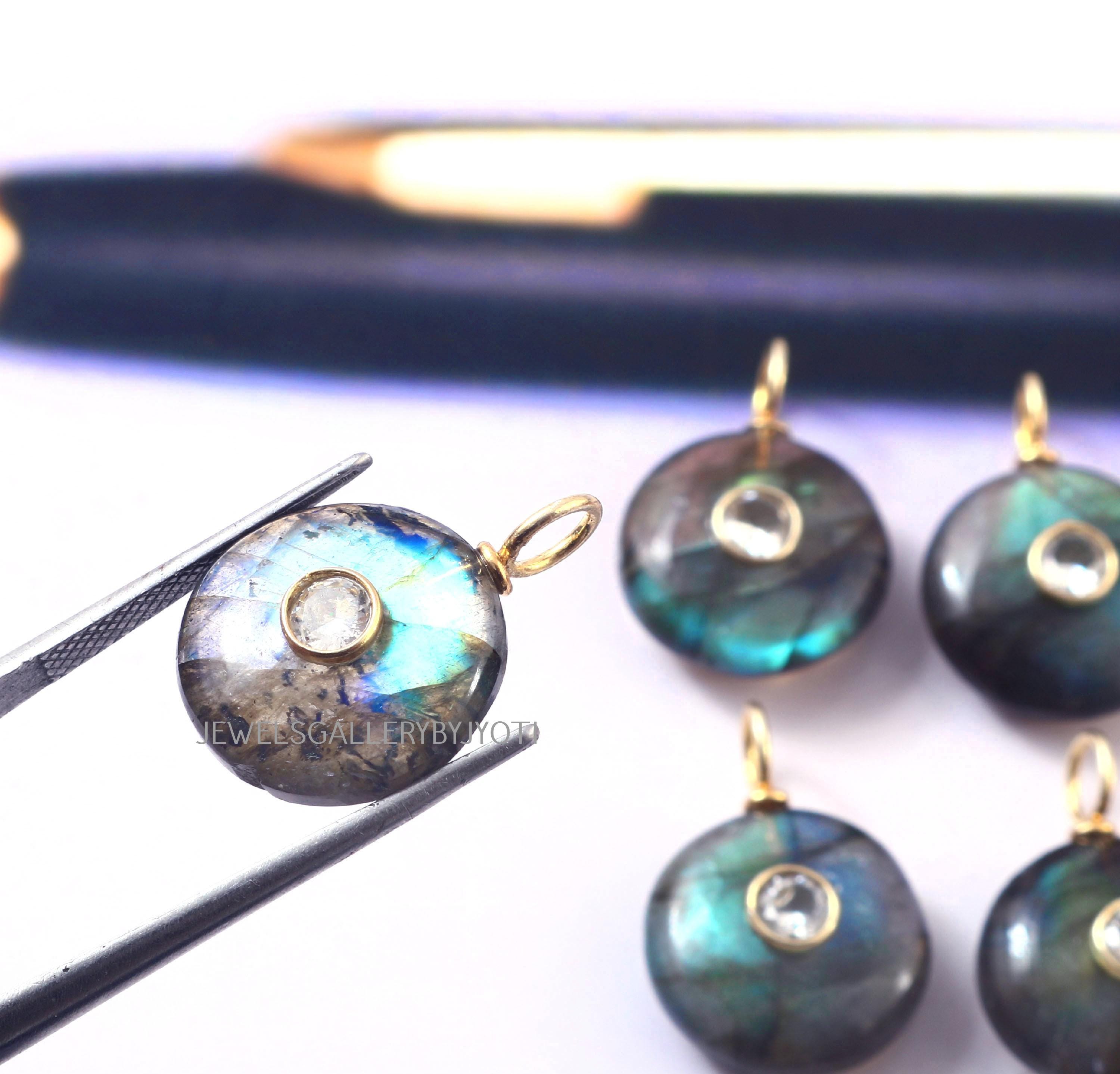 1/2 pezzi ciondolo in argento sterling con forma rotonda e liscia in labradorite, ciondolo con pietra preziosa intarsiata, ciondolo in labradorite, ci