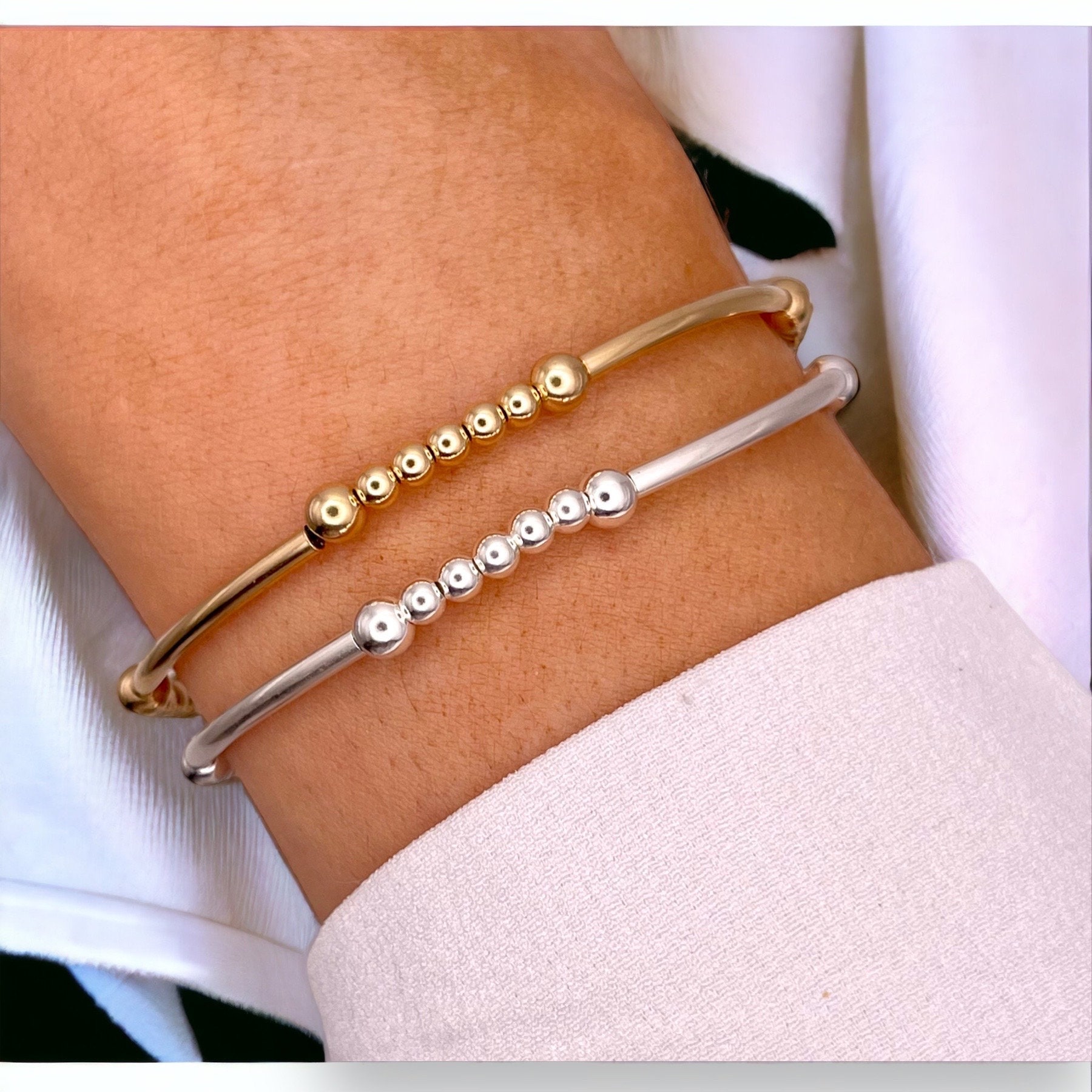 Bracciale con perline in argento sterling / Bracciale con perline riempite d'oro / Bracciale elastico impilabile in argento / Bracciale con perline a
