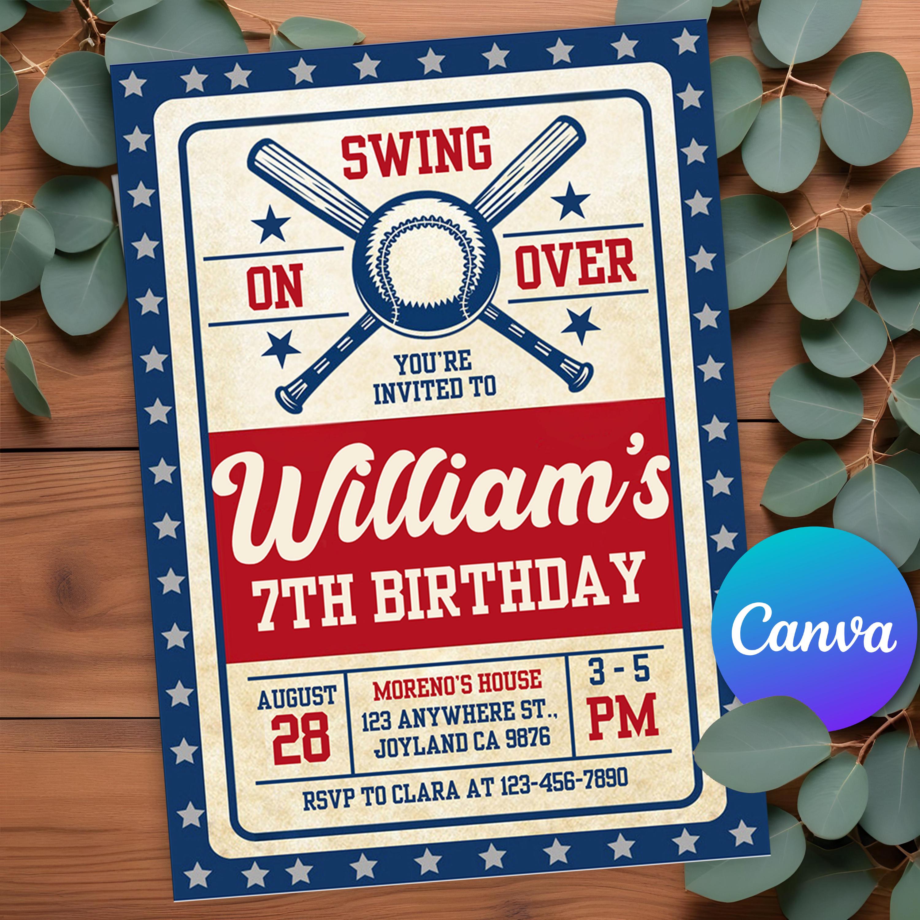 Invito di compleanno di baseball modificabile, festa di compleanno di baseball, invito di compleanno sportivo, modello di invito di baseball Canva, Sw