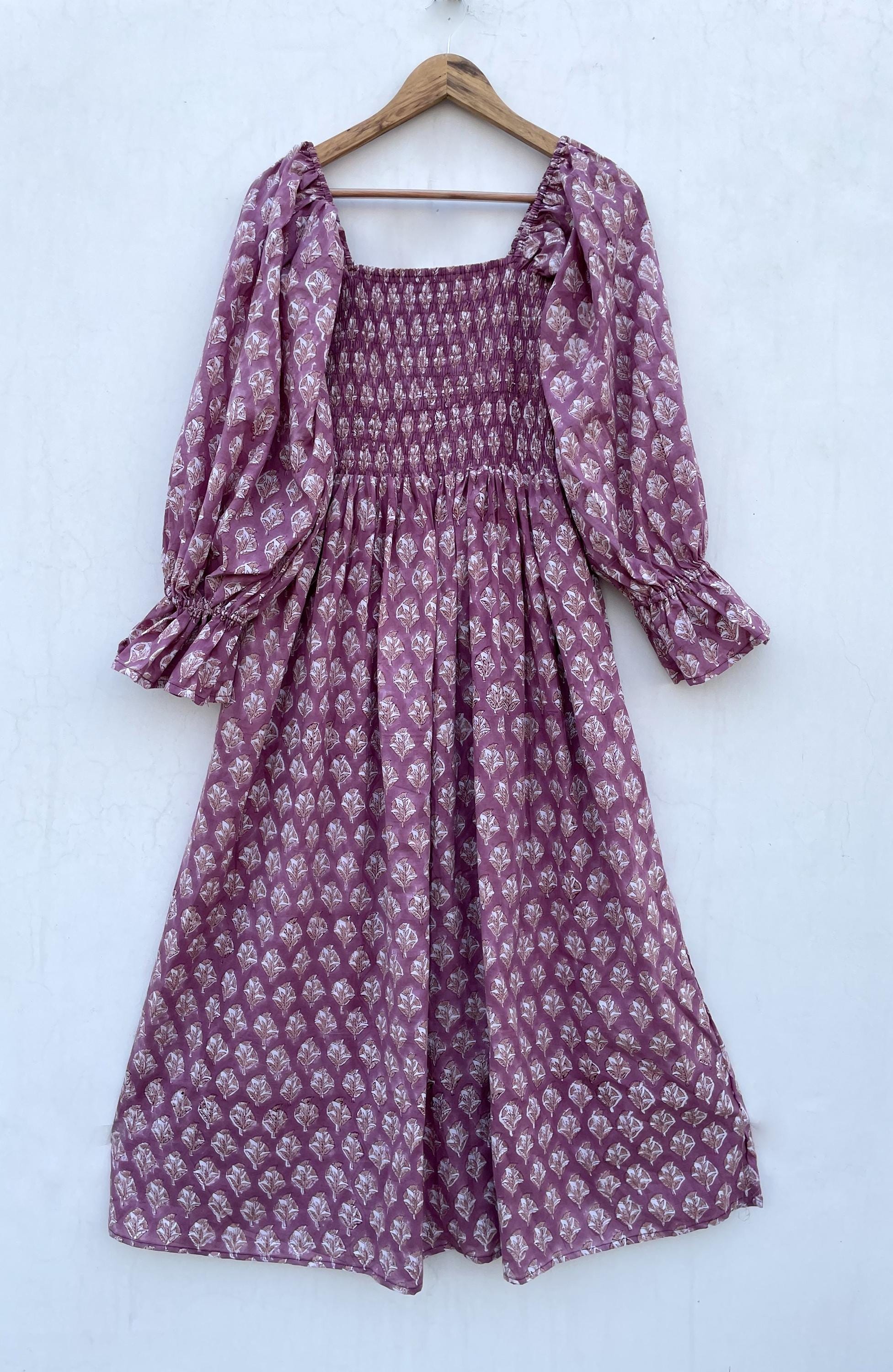 Abito lungo lungo con stampa a blocchi fatti a mano / Abito lungo lungo boho con scollo quadrato e smock / Abito lungo lungo etnico a maniche lunghe