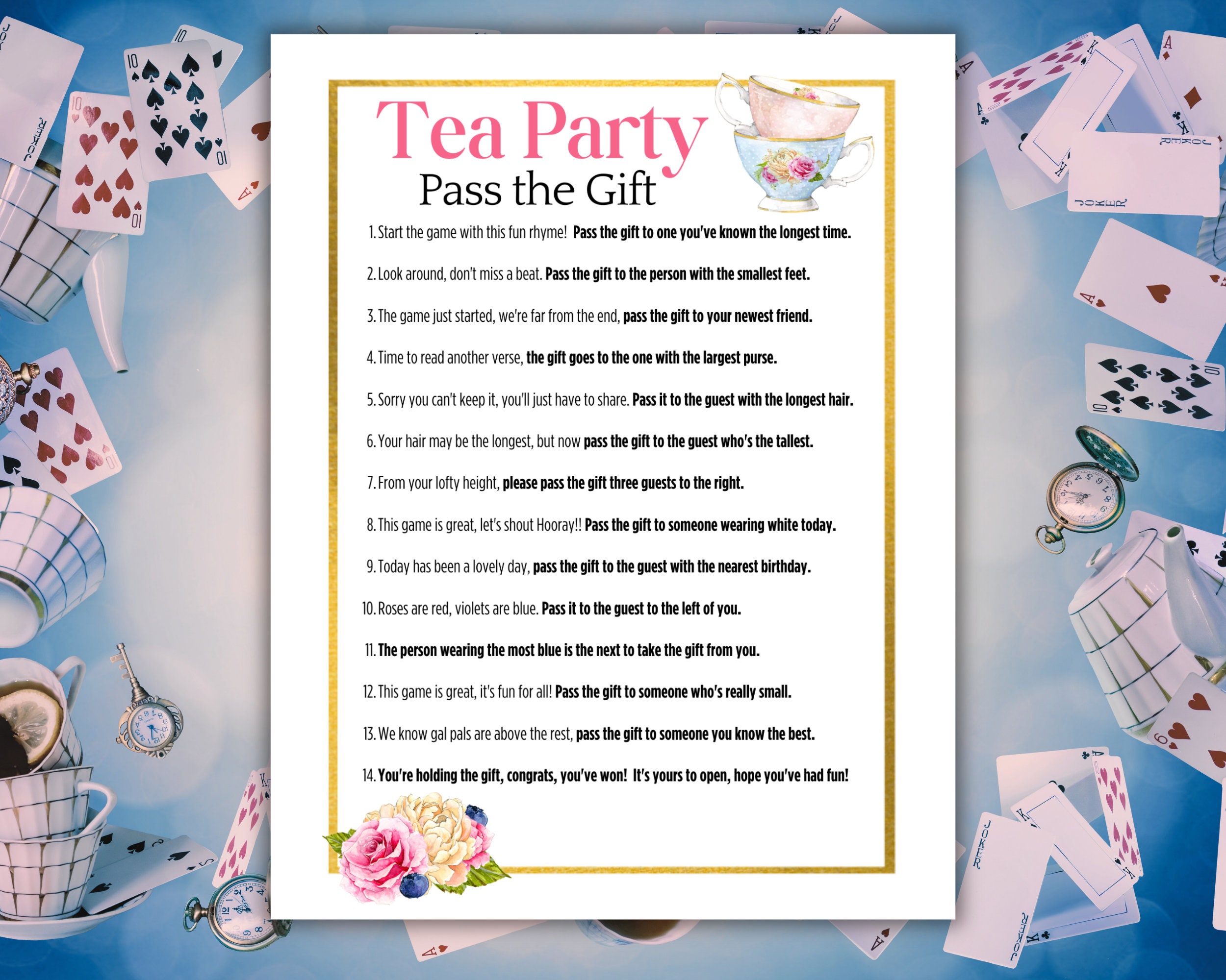 Passa il premio Gioco Tea Party, Passa il pacco, Passa il gioco regalo, Passa il regalo Poesia, Gioco Tea Party per adulti, Passa il premio Filastrocc