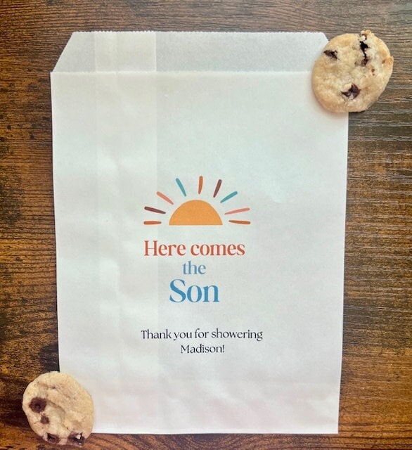Ecco che arriva il baby shower per il figlio, sacchetti per dolcetti, sacchetti per biscotti, baby shower per il sole, sacchetti per bomboniere, sacch