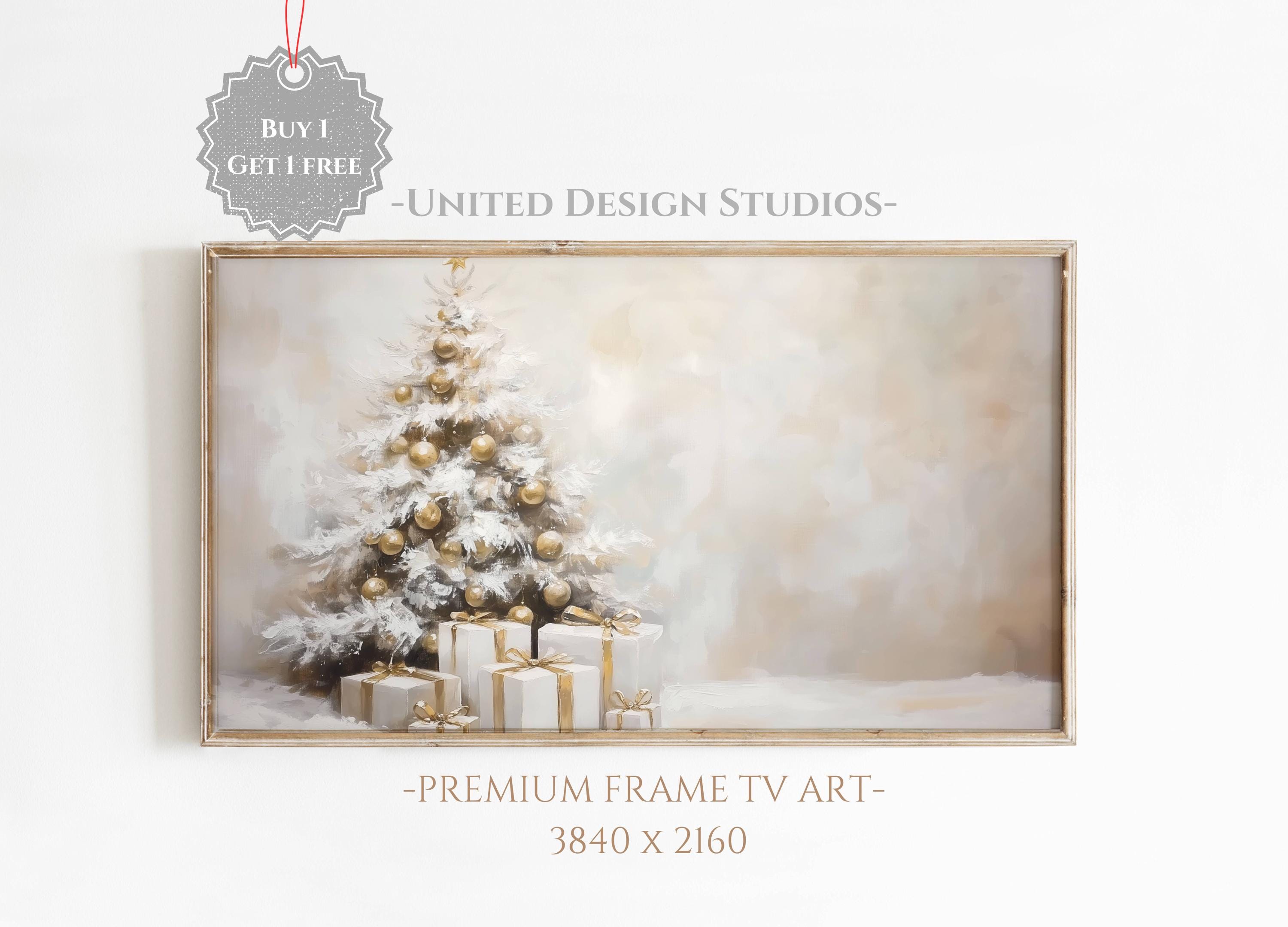 Cornice natalizia per TV, albero di Natale neutro e regali, cornice Samsung per TV, cornice natalizia per TV, cornice natalizia per TV in stile fattor