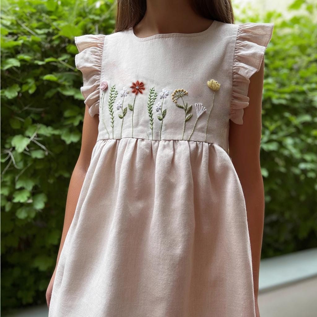 Abito personalizzato con fiore ricamato a mano, abito personalizzato in morbido lino, abito in lino per bambini, abito da compleanno, abbigliamento pe