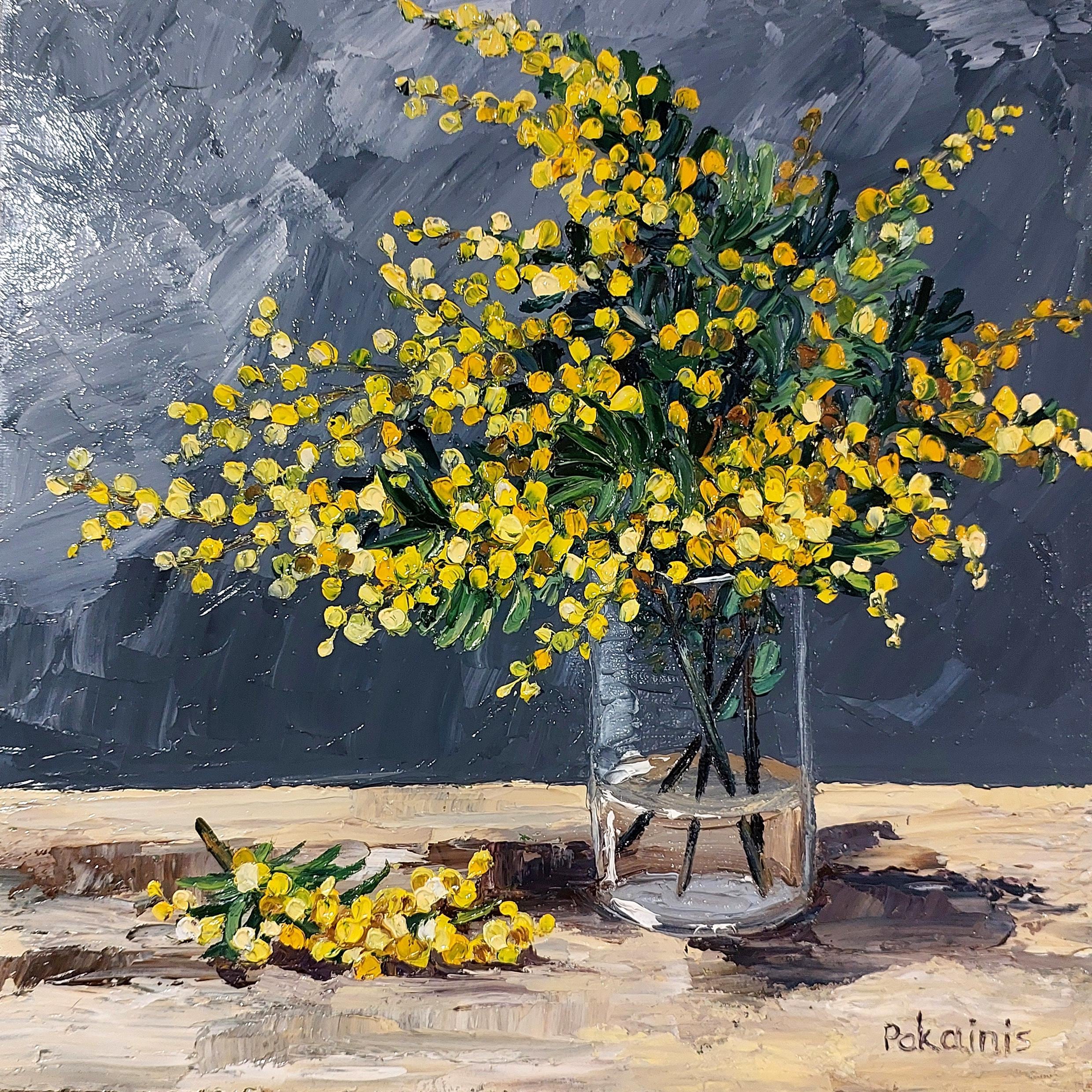 Dipinto ad olio originale a impasto, natura morta floreale, opera botanica, dipinto ad olio di mimosa, fiori in vaso, opera d'arte originale per la cu