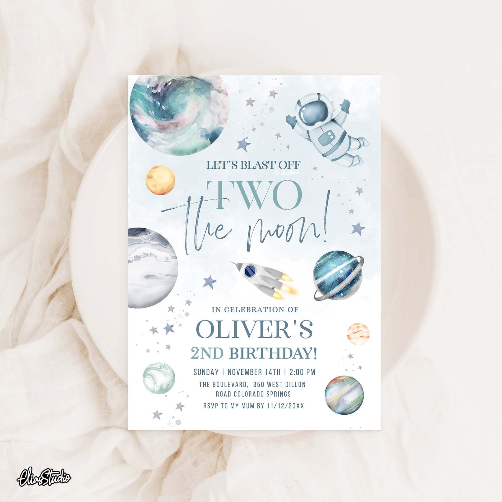 Invito di compleanno Two The Moon per bambino, secondo compleanno per bambino, compleanno nello spazio blu polvere, invito per il secondo compleanno n