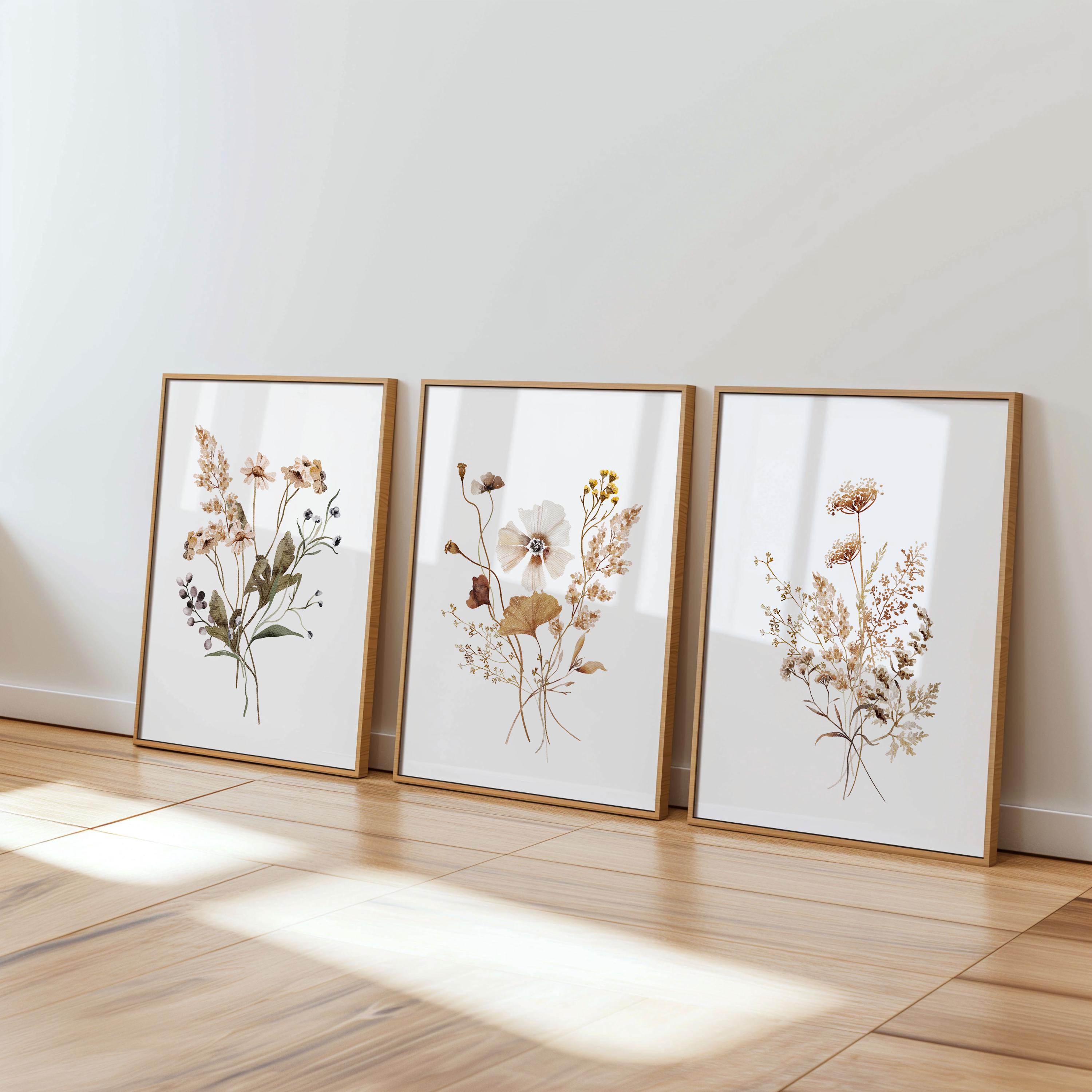 Set di 3 stampe murali con fiori selvatici, stampe botaniche neutre, stampe floreali beige da parete, arredamento boho minimalista, download immediato