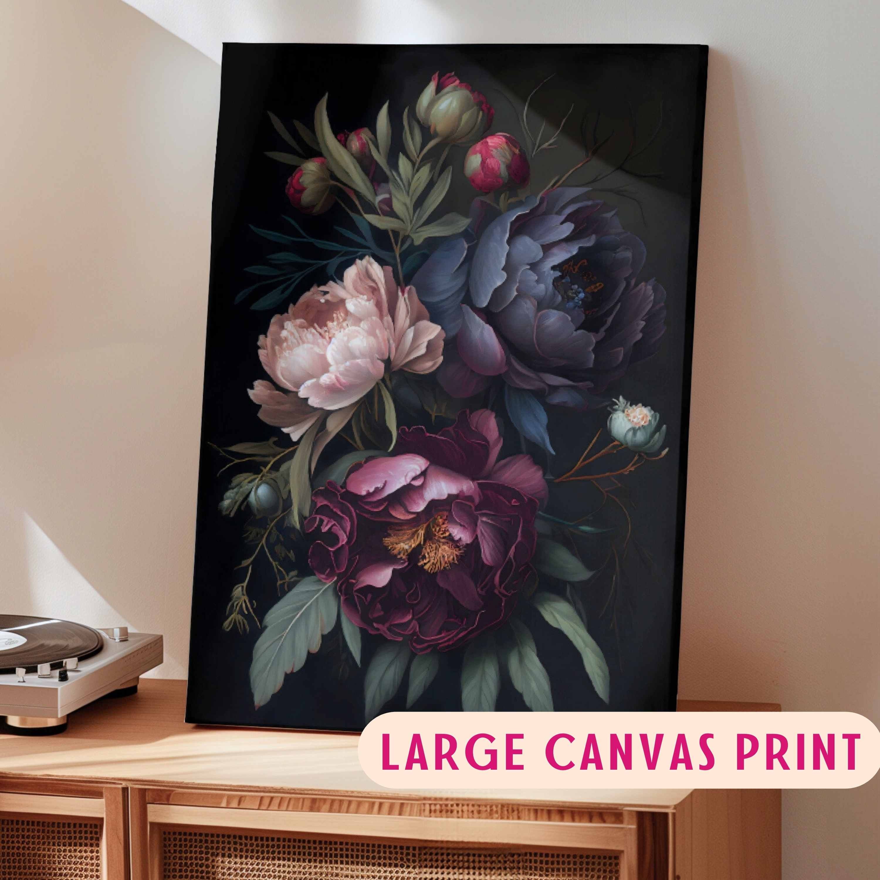 Peonia Dark Botanical Wall Art Moody Floral Canvas Print Dark Boho Decor Dark Academia Stampa Grande tela allungata Fiore scuro Arte stravagante