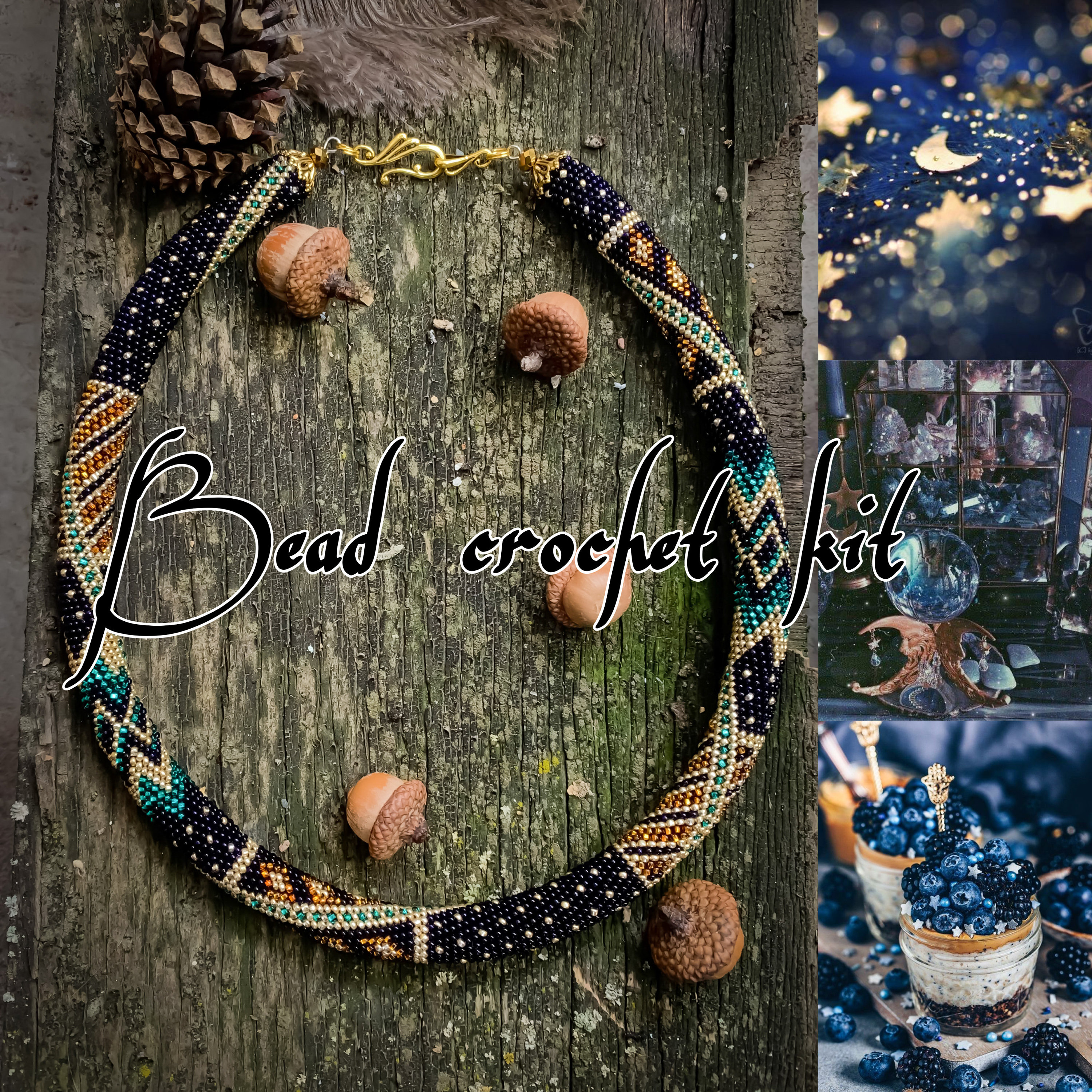 Collana fai da te Gold Night - KIT per realizzare una corda all'uncinetto con perline - Collana e bracciale con perline all'uncinetto blu scuro - KIT