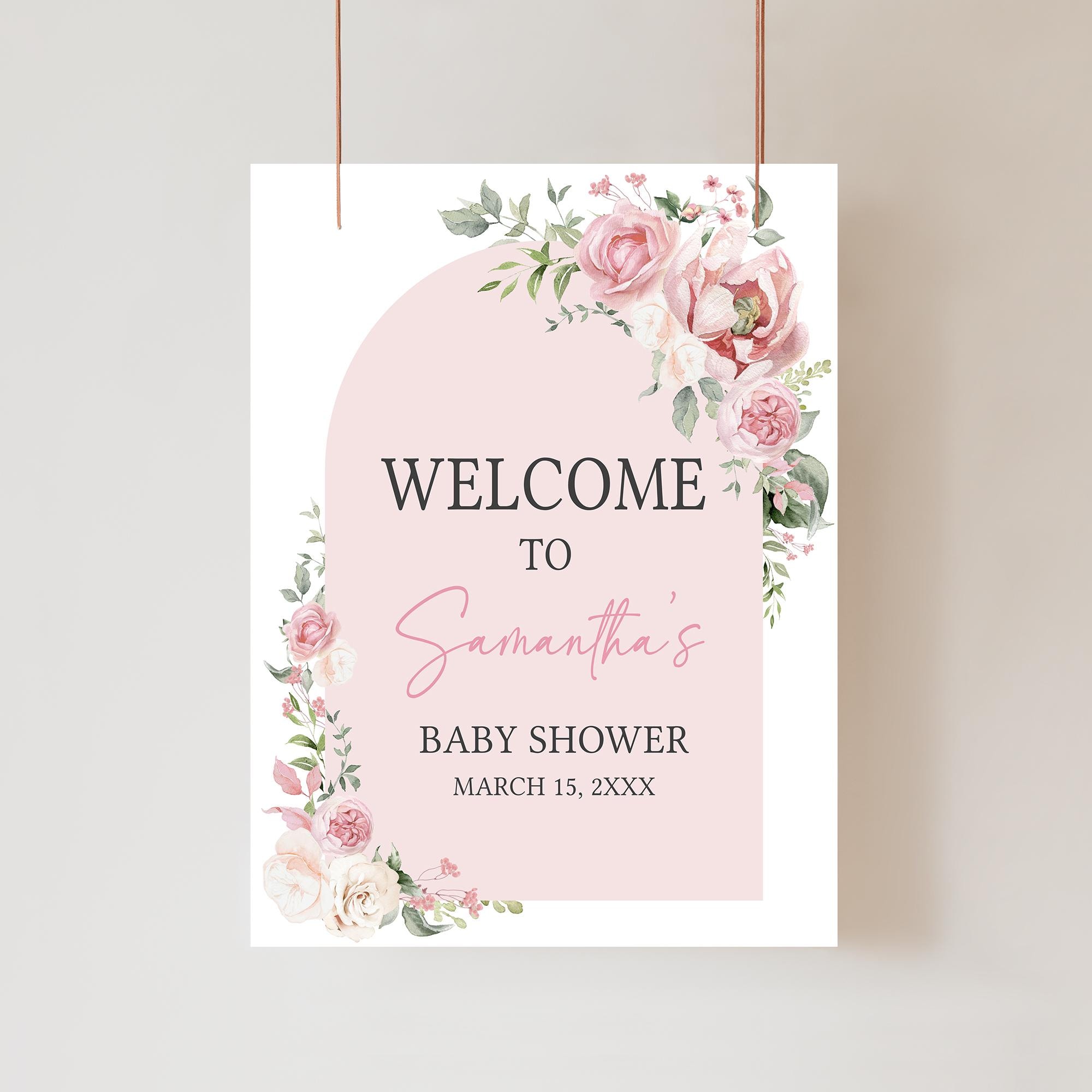 Cartello di benvenuto per baby shower Baby in Bloom Blush modificabile, poster di benvenuto per baby shower Boho Arch Pink Roses, baby shower floreale