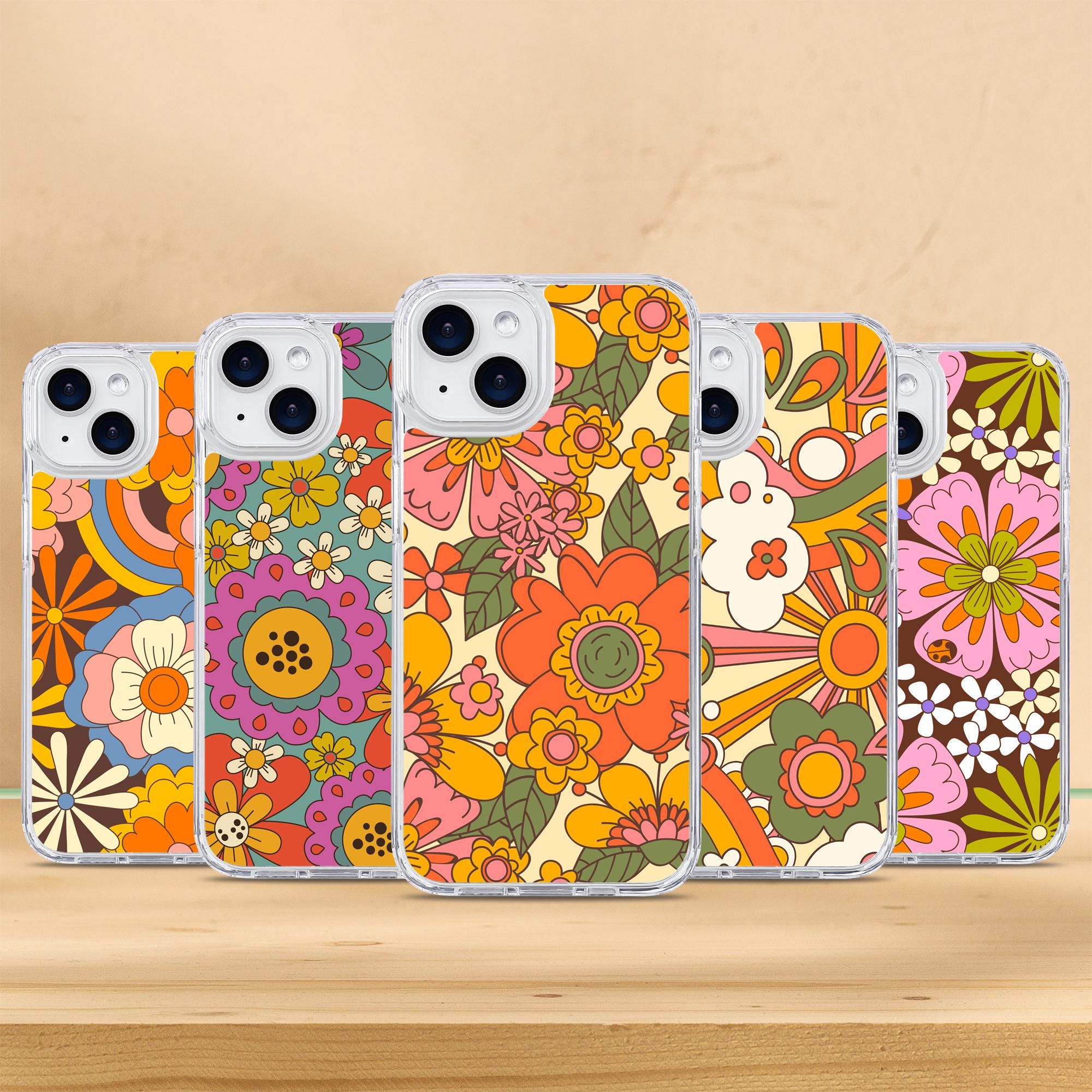 Custodia per telefono retrò anni '70 con motivo hippie floreale anni '70, adatta per Apple iPhone, Samsung Galaxy e Google Pixel