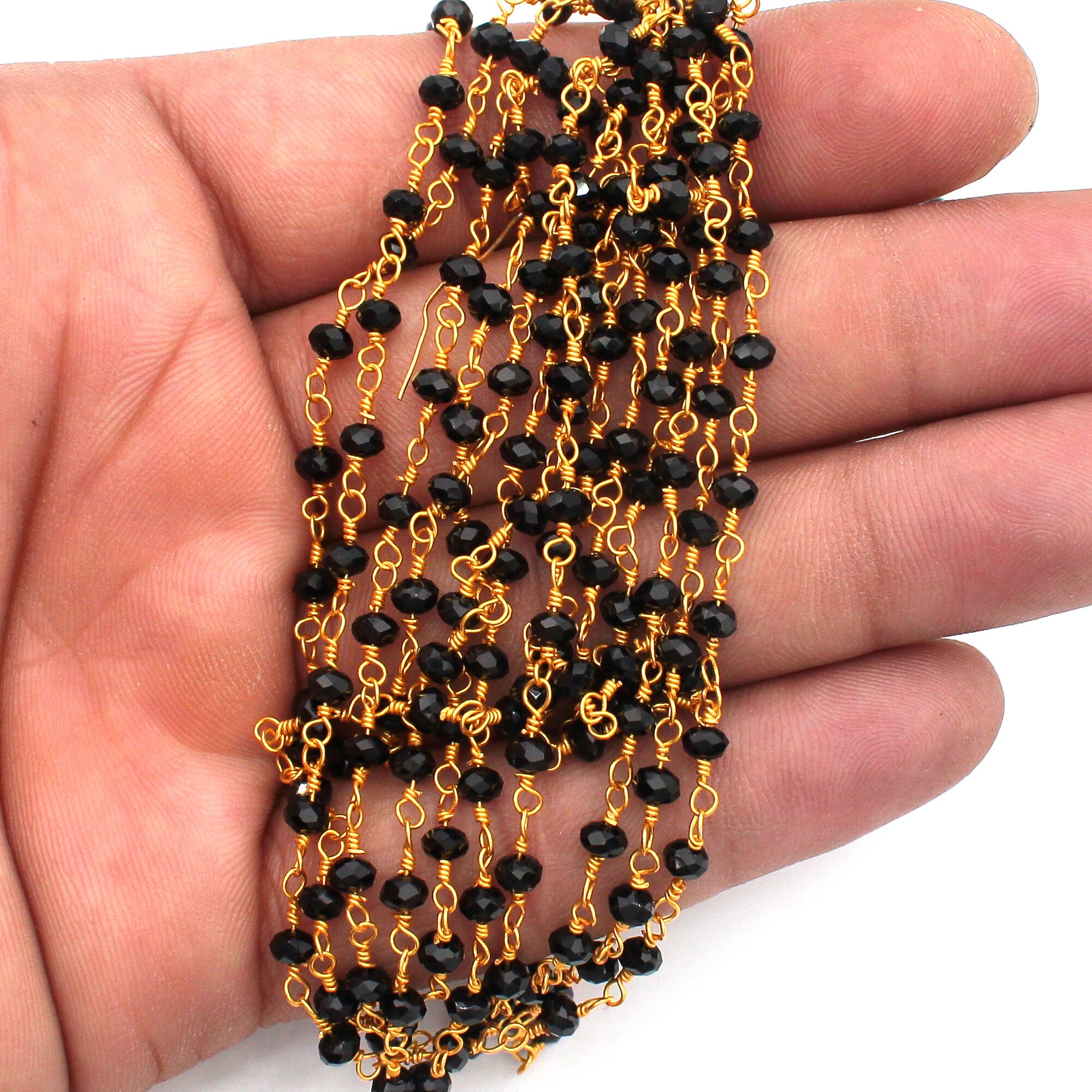 Black Tourmaline Hydro Rosary Chain, 3mm, Rondelle Faceted, Beaded Chain, Gold Plated Wire Wrapped Chain, Bulk Roll, Crat Supply Chain