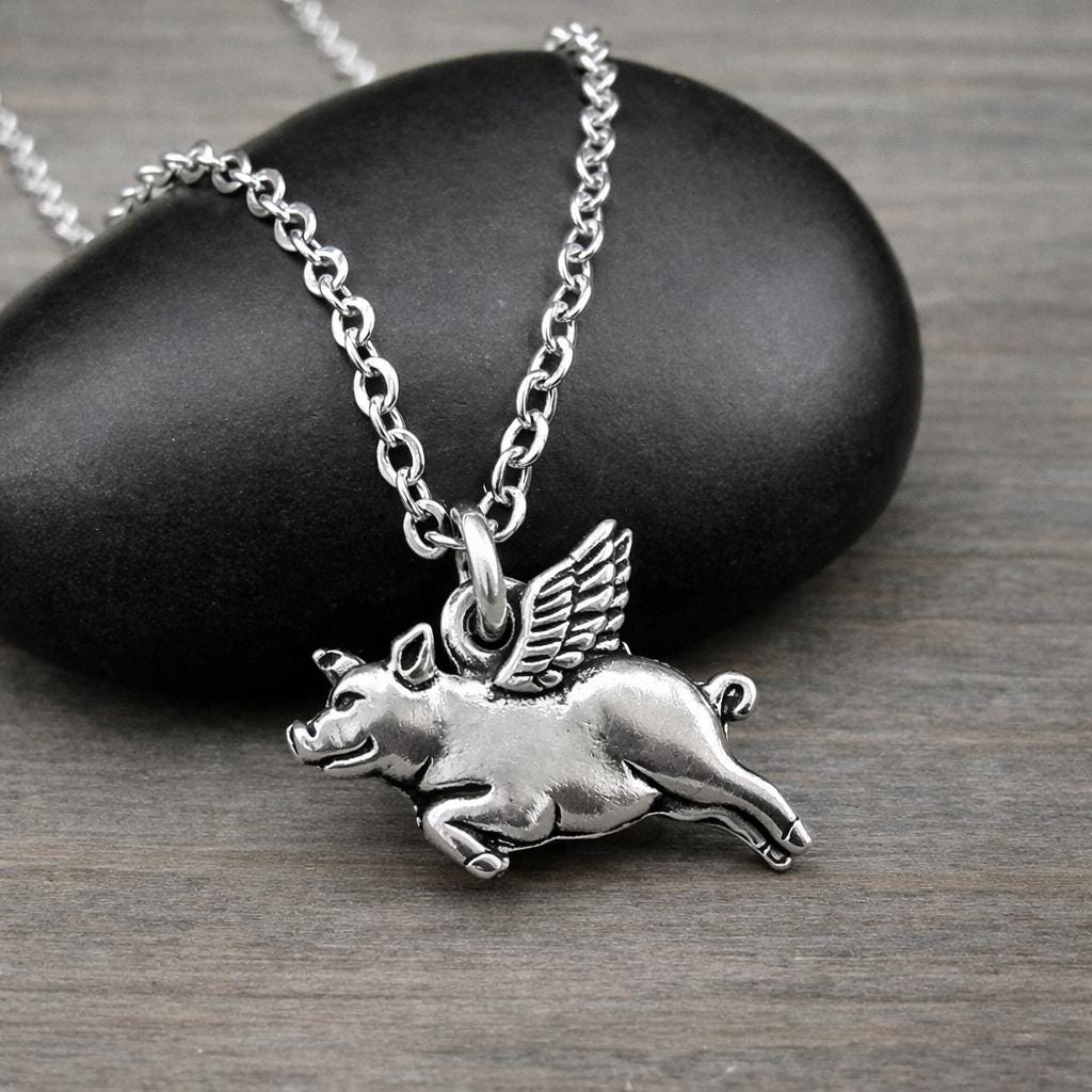 Collana con ciondolo a forma di maialino volante, ciondolo in argento con ciondolo a forma di maialino volante con ali, ciondolo a forma di maialino v