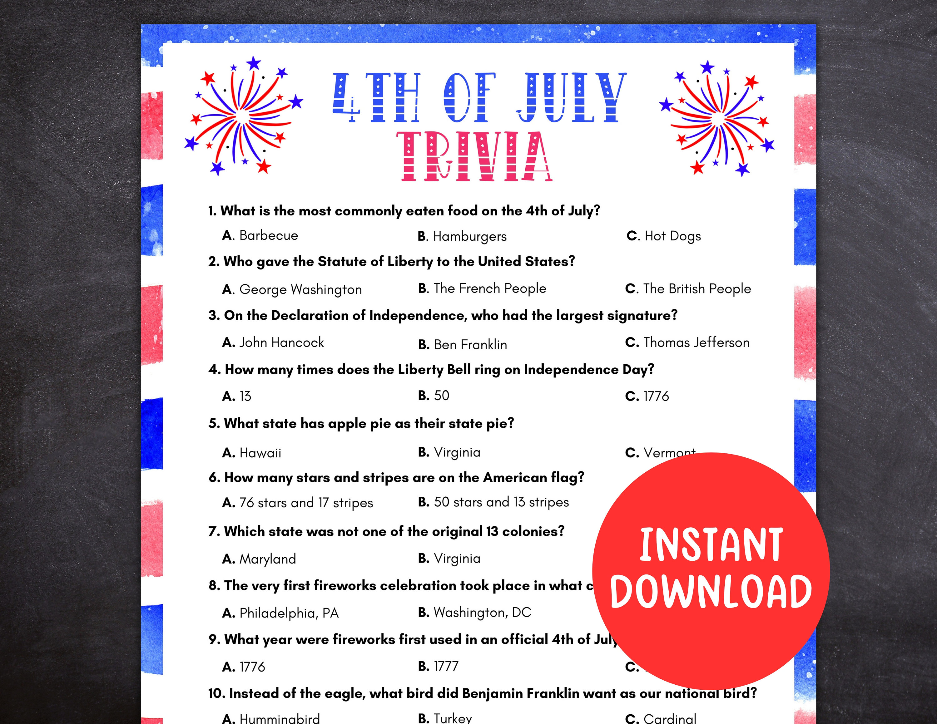 Quiz sul 4 luglio, gioco sul 4 luglio, gioco stampabile per il Giorno dell'Indipendenza, quiz per famiglie sul 4 luglio, gioco sugli Stati Uniti per b