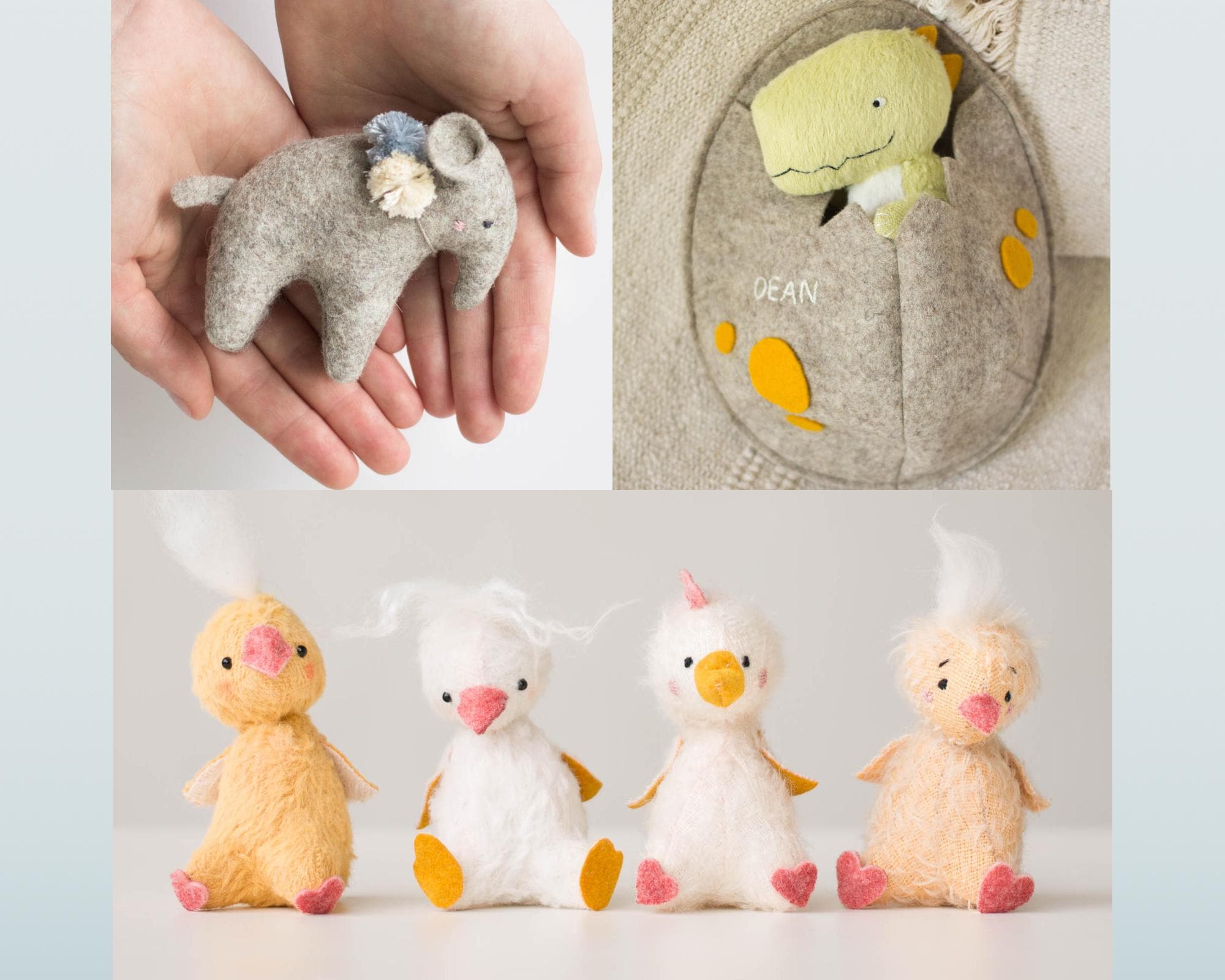 Modelli per cucire peluche: dinosauro nell'uovo, pulcino, elefante (PDF)
