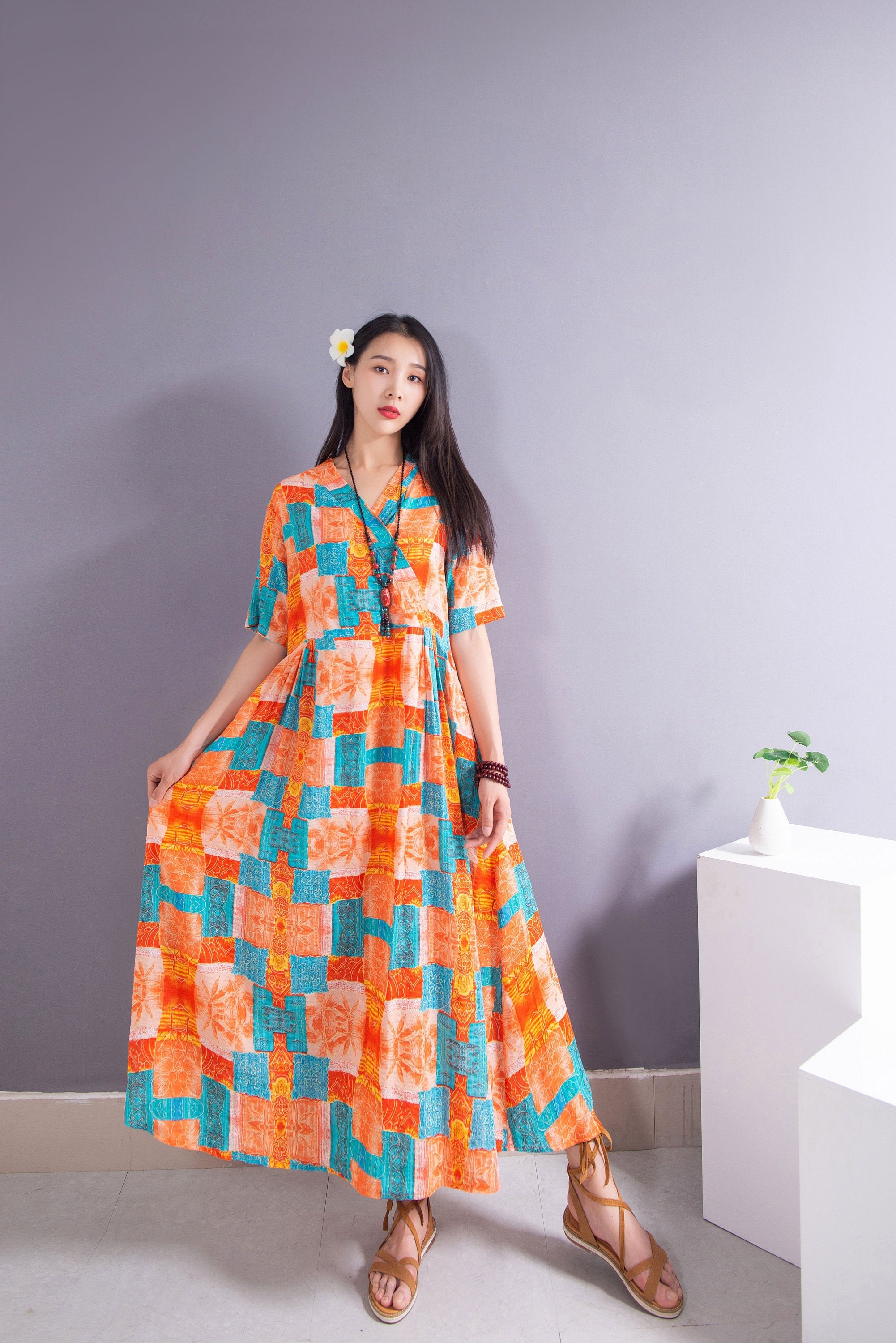 Nuovo arrivo stile boho stampa abito estivo largo da spiaggia leggero in morbido cotone maxi abito taglie forti abbigliamento taglie forti stile 069