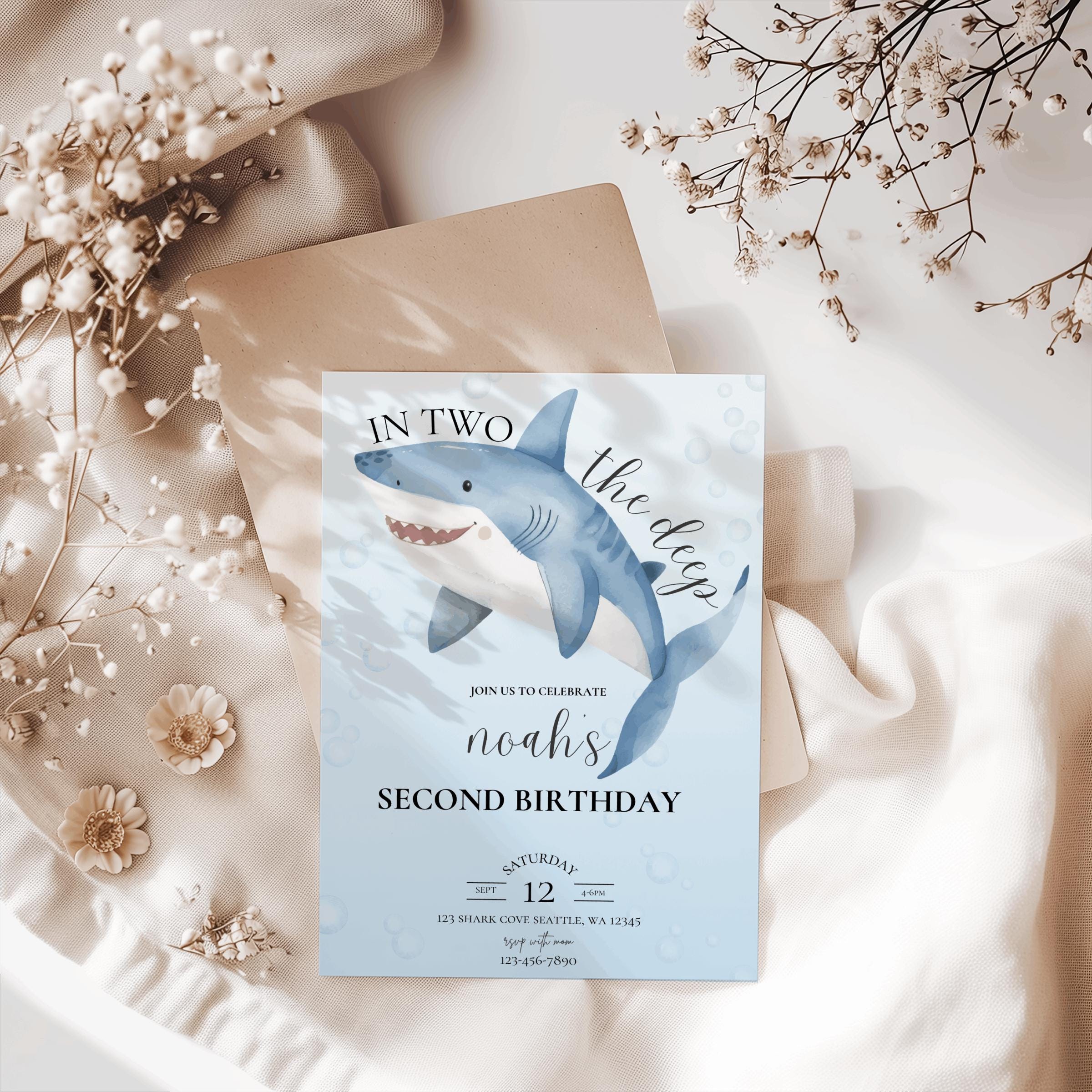 In TWO the Deep invito per festa di compleanno, invito per festa di compleanno a tema squalo, invito per festa di secondo compleanno per ragazzo, 2o c