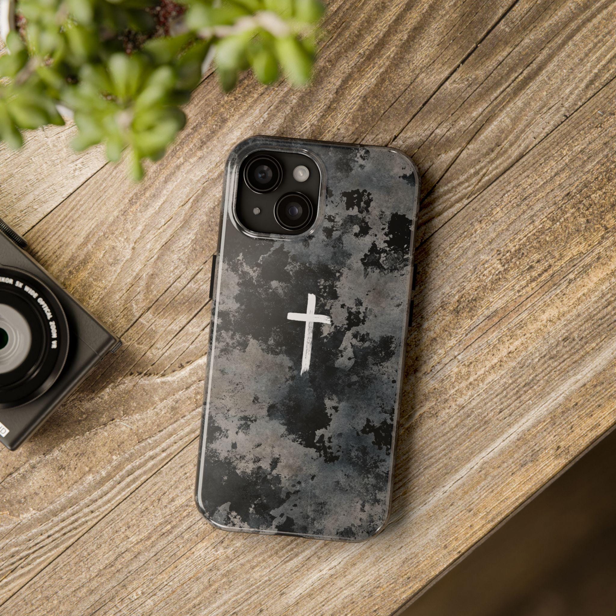 Custodia per iPhone con croce bianca su sfondo grigio mimetico, custodia per iPhone con croce, custodia per iPhone cattolica, custodia per iPhone con