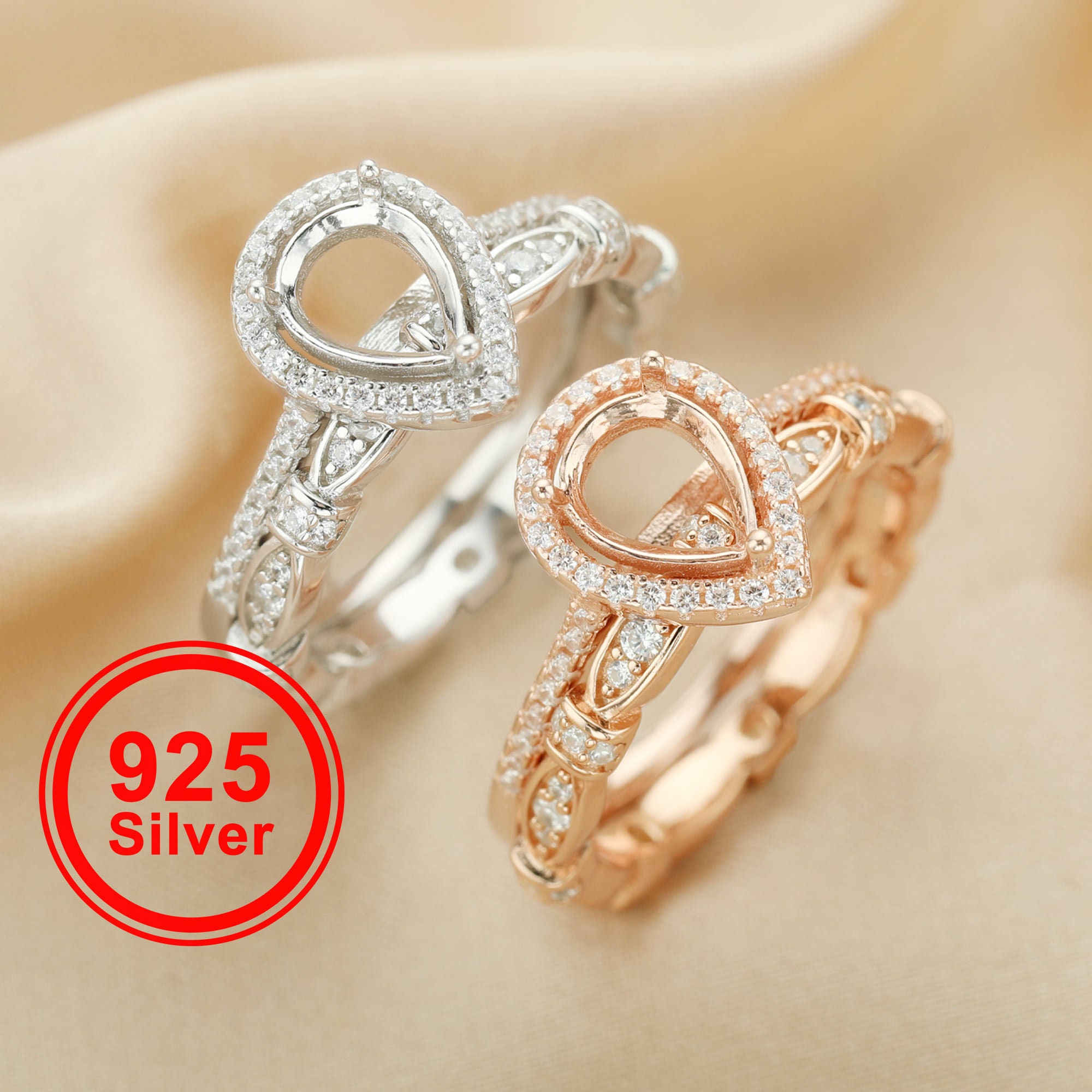 Anelli impilabili con montatura a pera e alone di diamanti da 6 x 8 mm, in argento sterling 925 massiccio, con castone Art Déco placcato oro rosa, set
