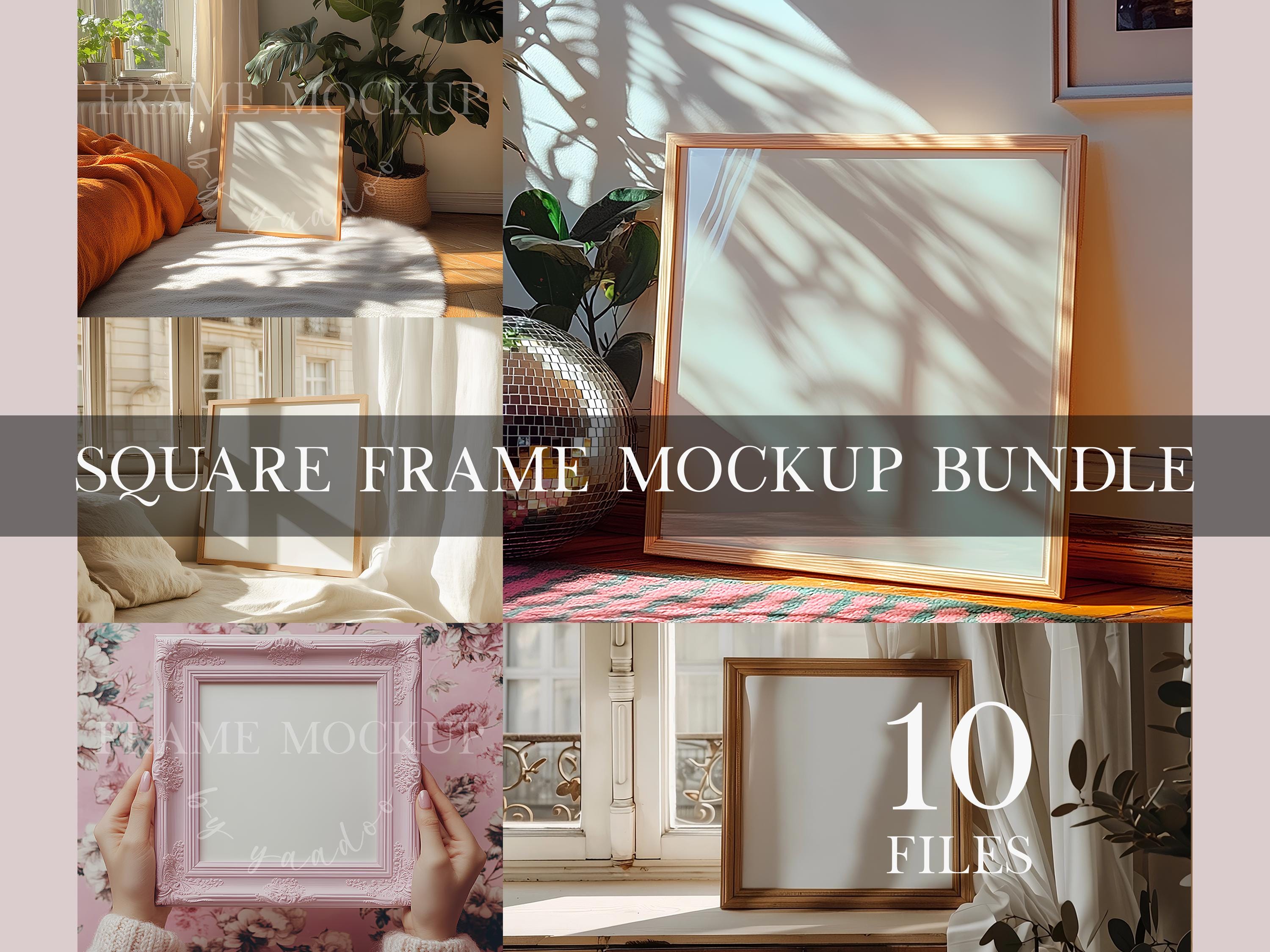 Set di dieci mockup di cornici quadrate, bundle di mockup PSD di 10 cornici, bundle di cornici PSD, bundle di mockup di cornici rapporto 1:1, primo pi