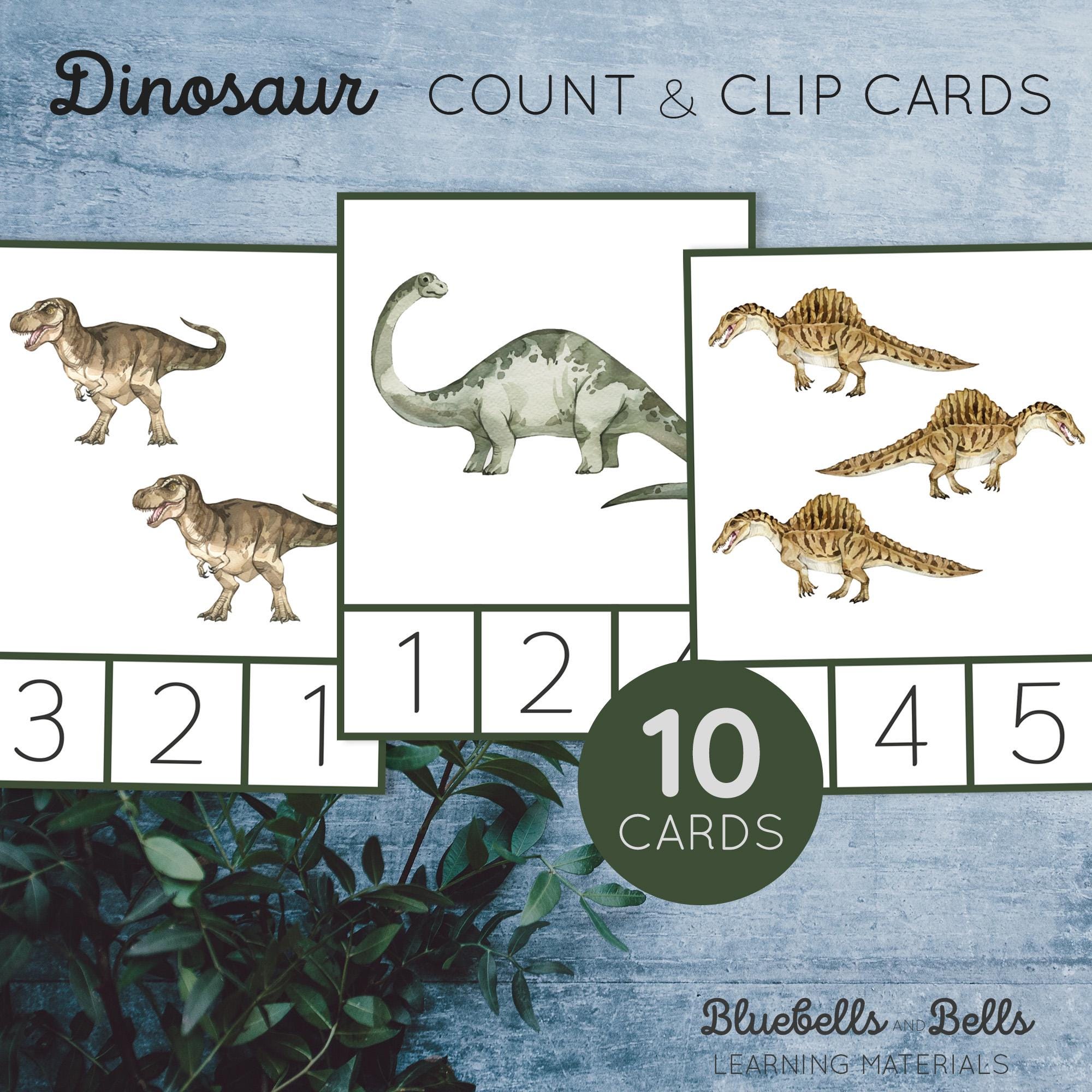 Carte da conteggio e da ritagliare dei dinosauri 1-10. Matematica Montessori per la scuola materna stampabile. Attività di conteggio per bambini.
