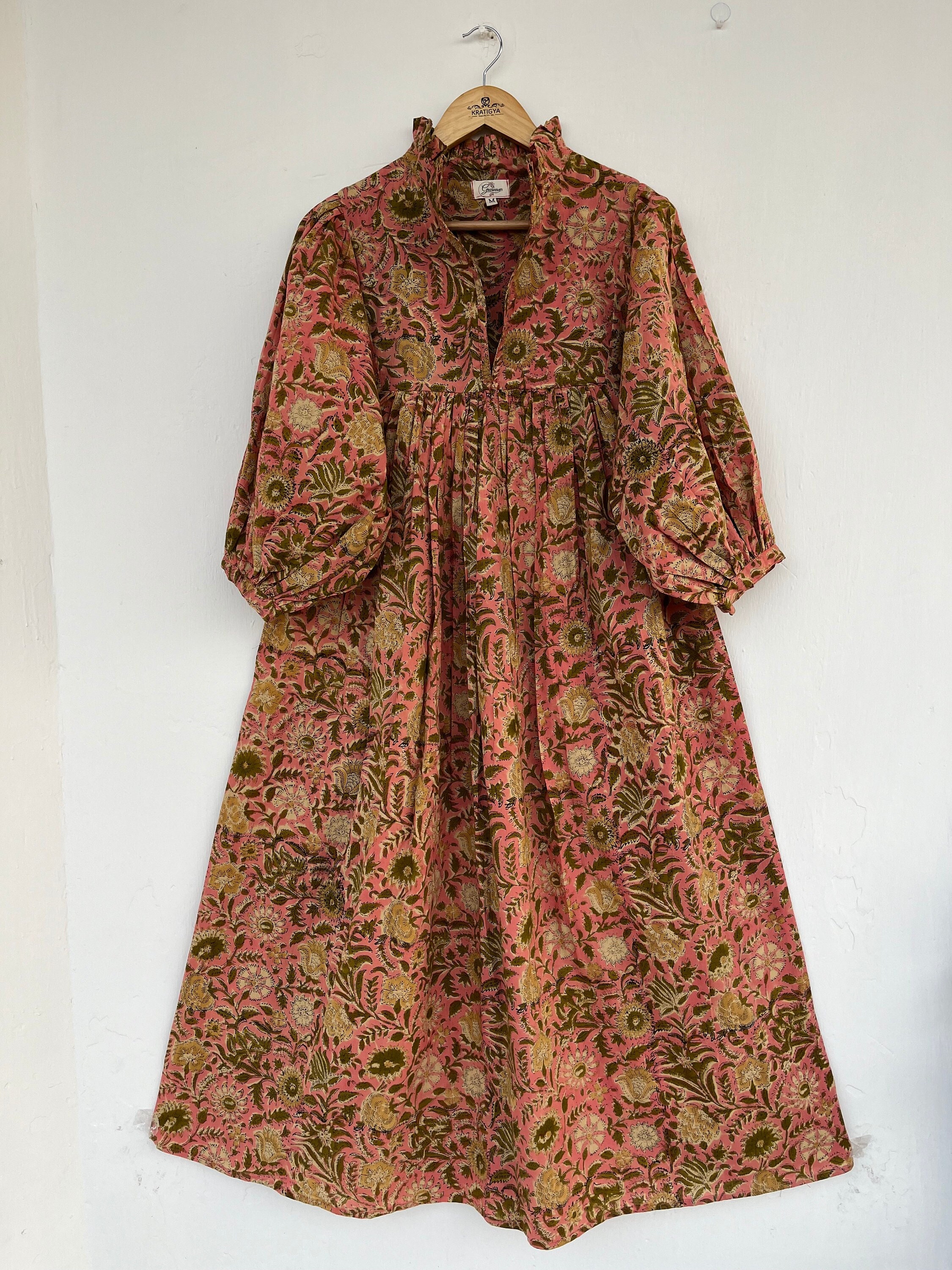 Abito lungo estivo - abito lungo con scollo a V - abito lungo boho con maniche a 3/4 - abito lungo con stampa a blocchi