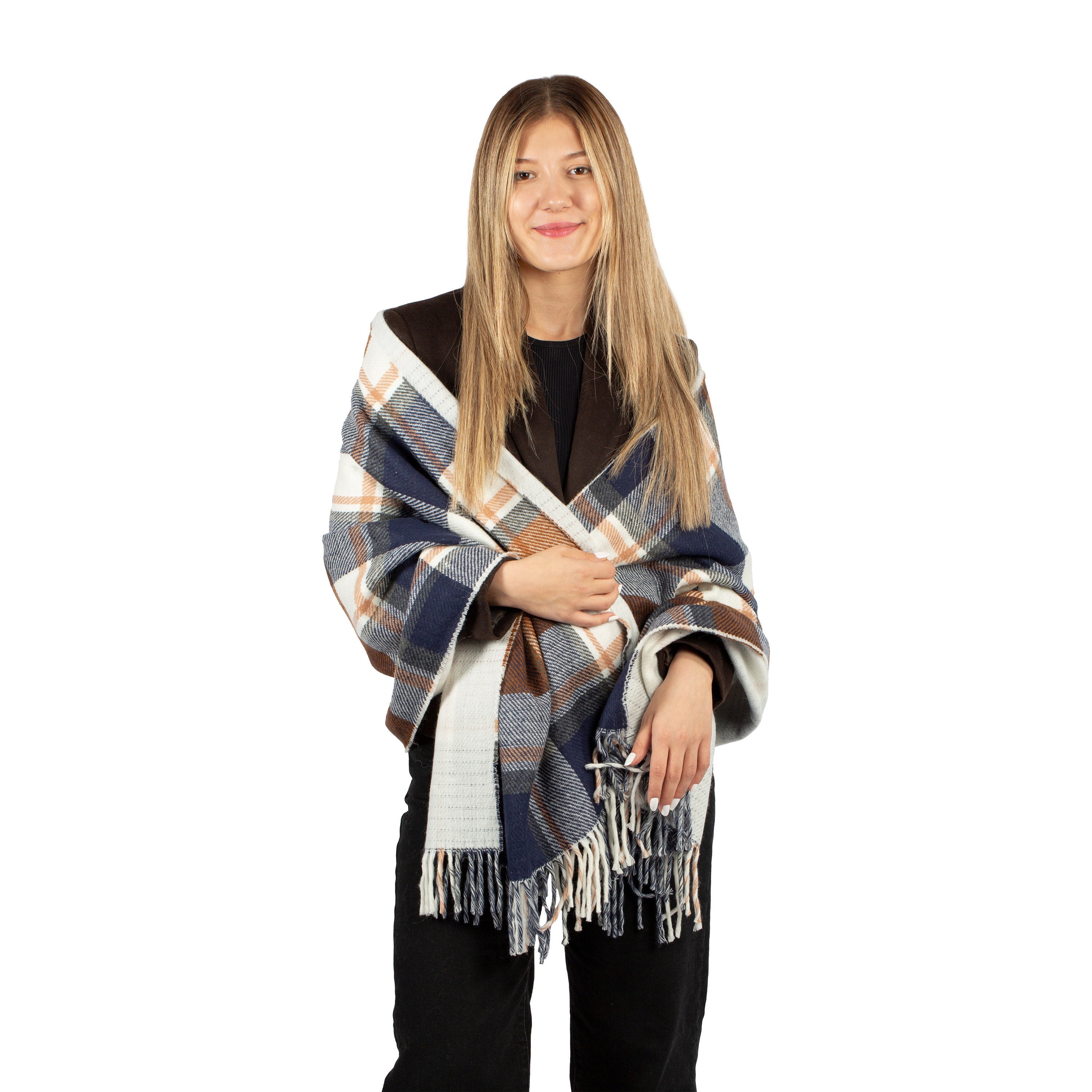 Sciarpa invernale oversize da donna in tartan blu scuro e marrone, scialle invernale, sciarpa coperta double face da donna, scialle caldo in pashmina