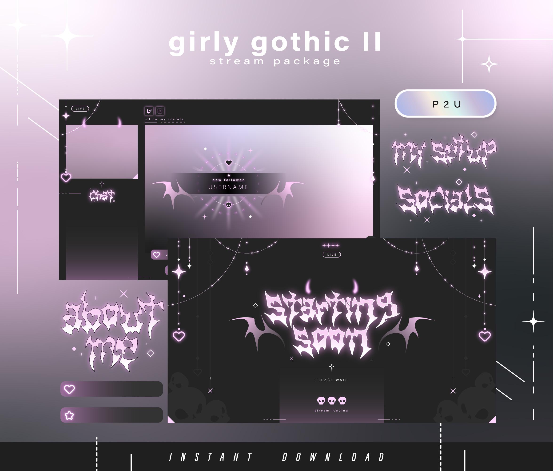 Girly gothic II - Pacchetto Twitch - Pacchetto streaming animato - Scene di streaming - Sovrapposizioni Twitch - Schermate animate - Pannelli Vtuber -