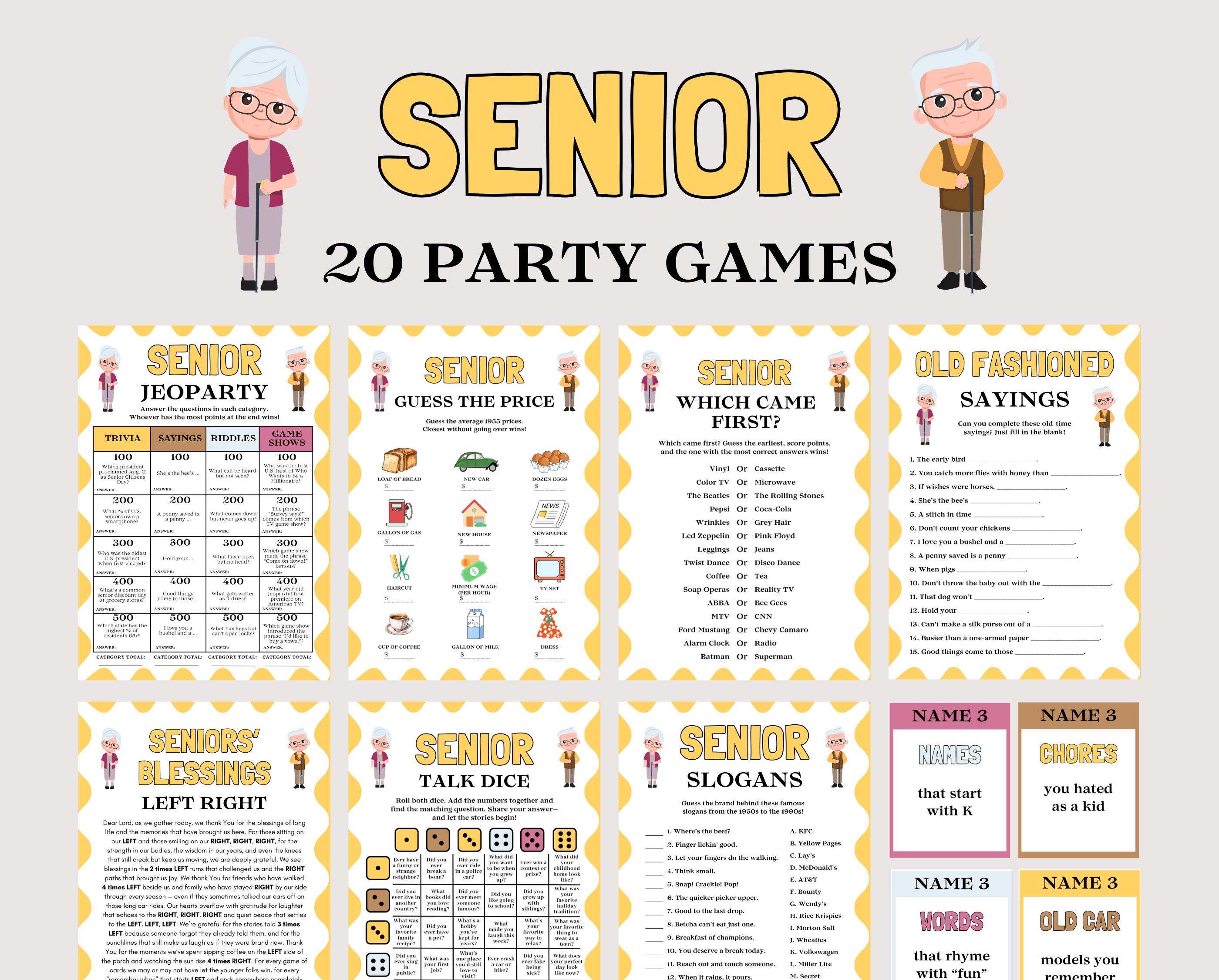 Pacchetto di giochi per anziani, giochi per anziani, giochi di gruppo per anziani, giochi rompighiaccio, attività per anziani, giochi di compleanno pe