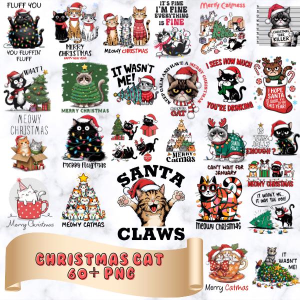 Pacchetto gatto di Natale 60+ PNG, PNG amante dei gatti, gatto divertente, disegni di magliette con gatti, uso commerciale, animali domestici di Natal