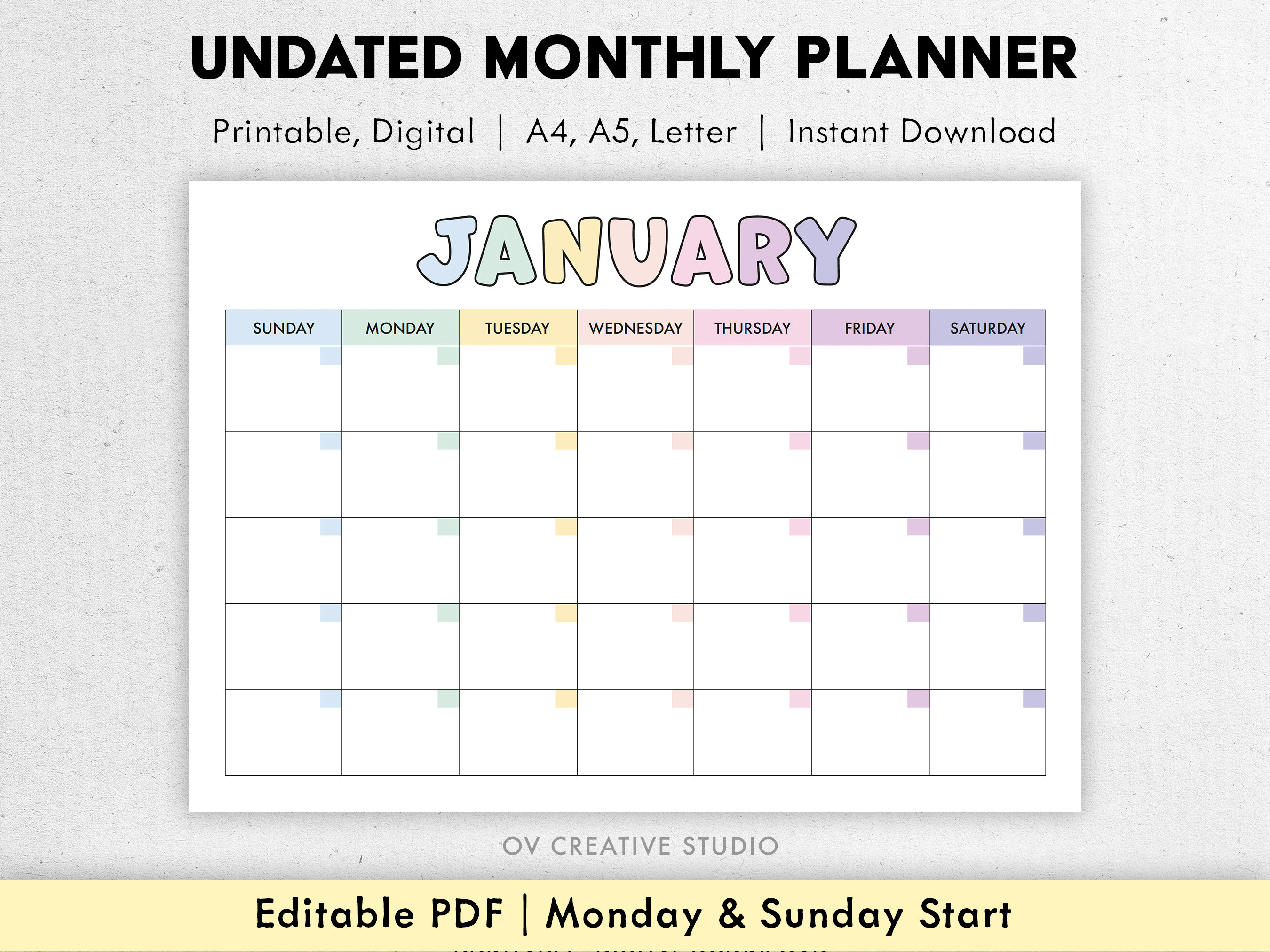 Calendario mensile non datato, orizzontale, pianificatore mensile non datato stampabile, modello di calendario mensile colorato A5, A4, lettera / PDF