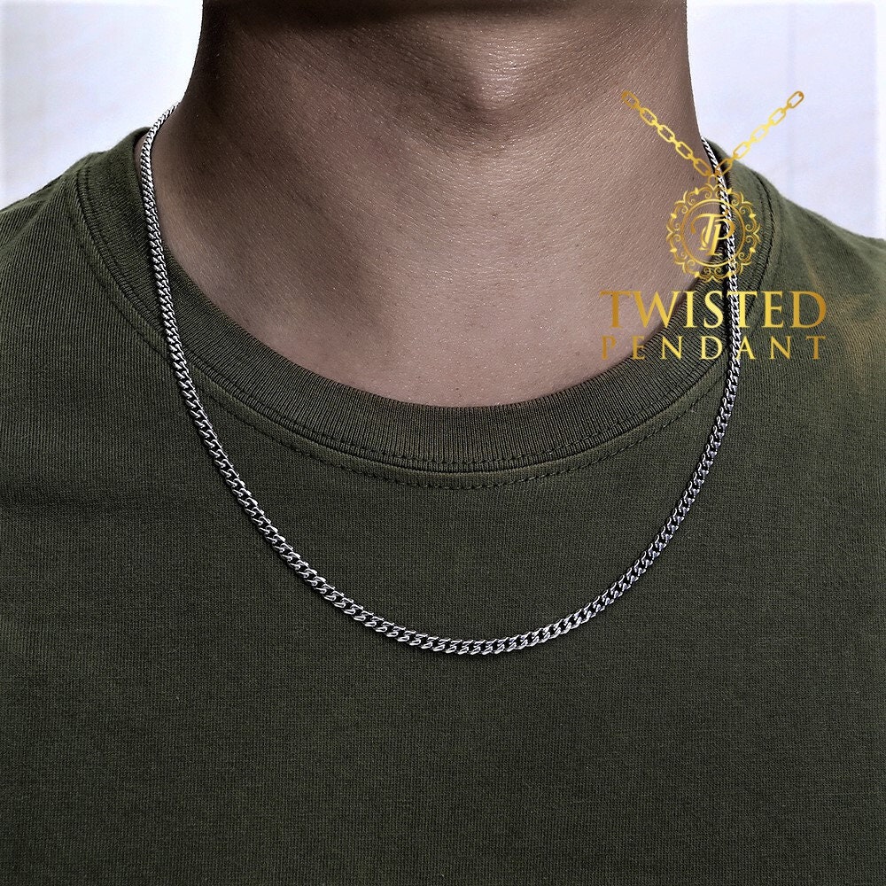 Collana in argento con catena cubana da 3 mm, in acciaio inossidabile, per uomo, catena cubana in argento, catena con iniziale in argento di Twistedpe