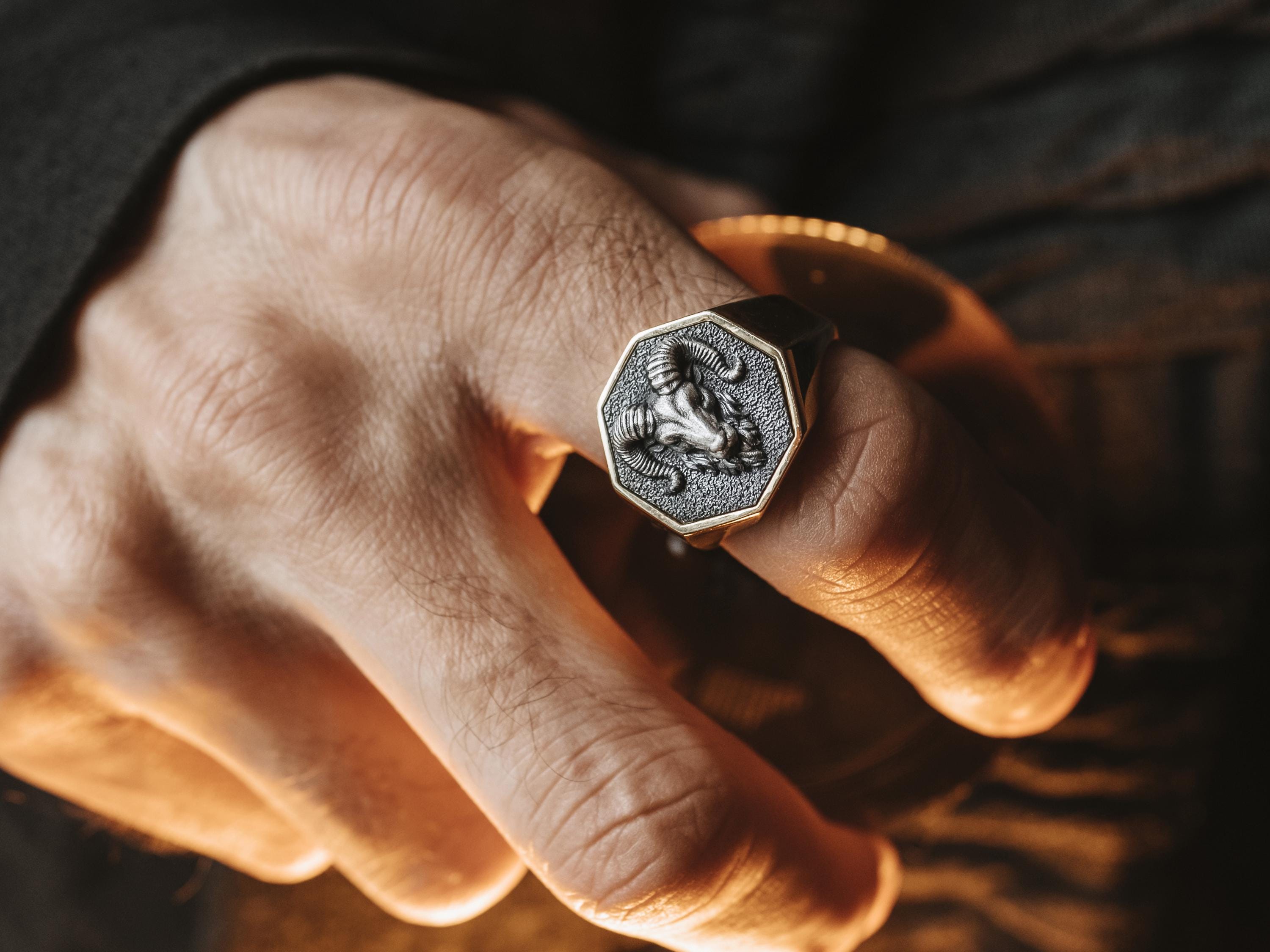 Anello da uomo in argento con testa di ariete, anello da uomo in argento 925 con ariete, anello da uomo in argento Boho placcato in oro, gioielli da u