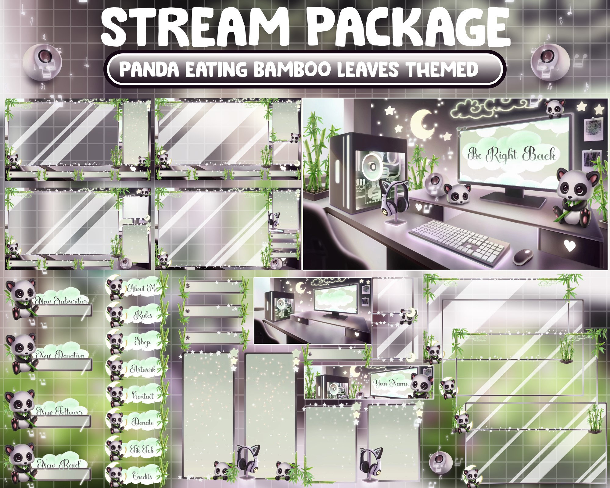 Pacchetto streaming ANIMATO Twitch Overlay / Sala giochi estetica lo-fi nero verde / Casa calda e accogliente retrò / Panda gigante che mangia foglie