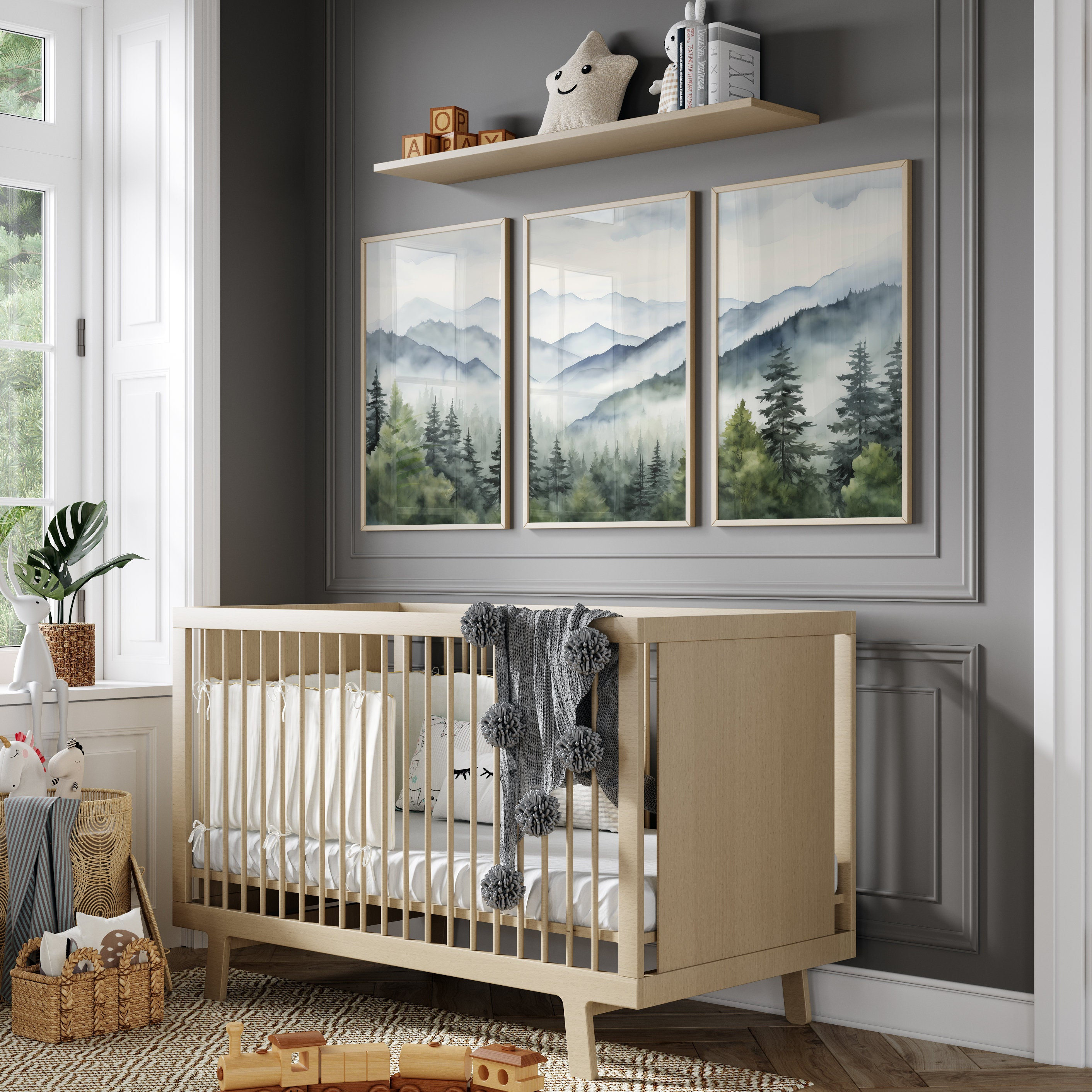 Set di 3 stampe artistiche da parete con foresta di pini di montagna, paesaggio ad acquerello, decorazione da parete, stampa astratta, natura, set da