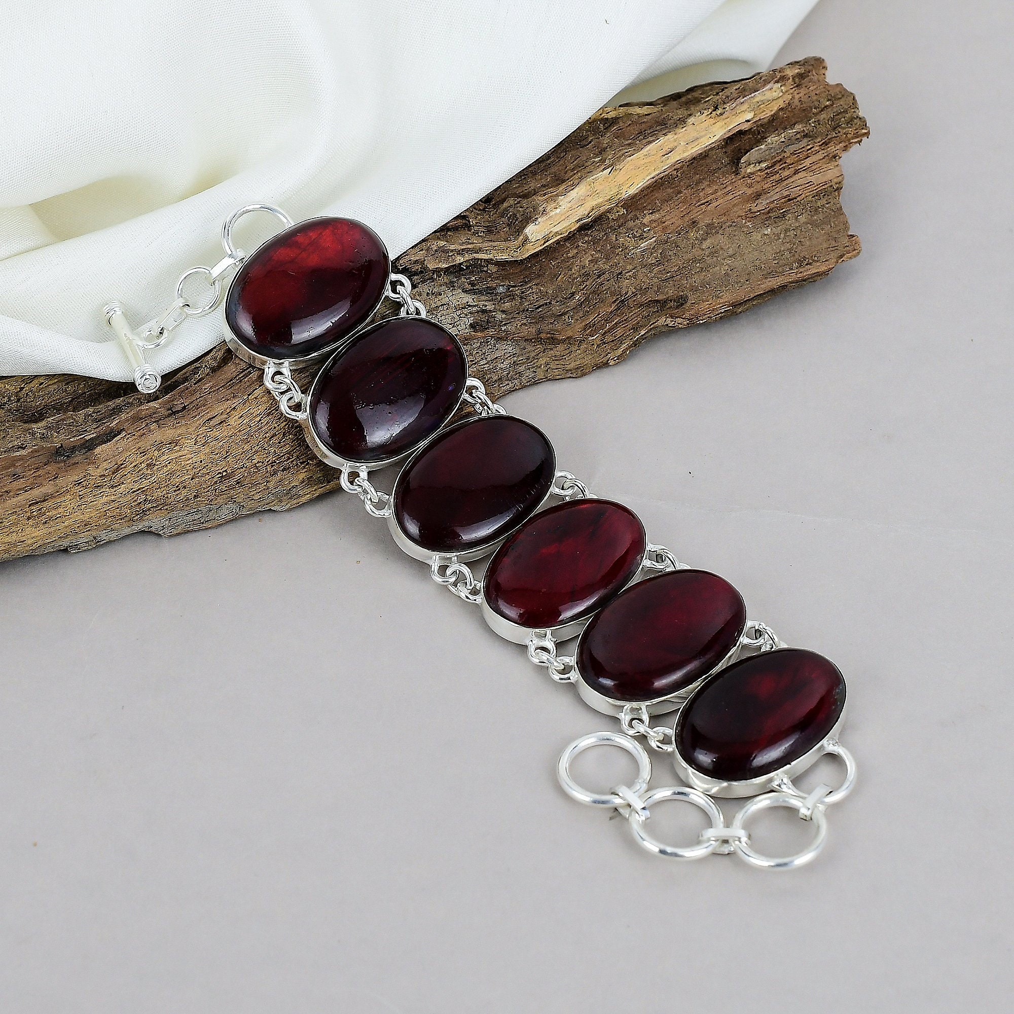 Bracciale in labradorite Red Flash, bracciale in argento sterling 925, bracciale con catena regolabile, gioielli con pietre preziose, bracciale fatto