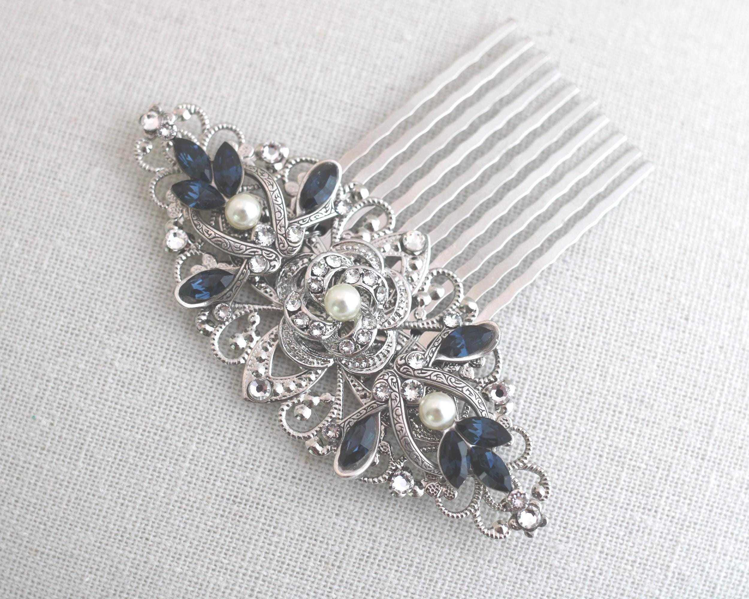 pettine per capelli da sposa, accessori per capelli da sposa, pettine per capelli con perle, pettine per capelli con strass, cristallo blu, pettine pe