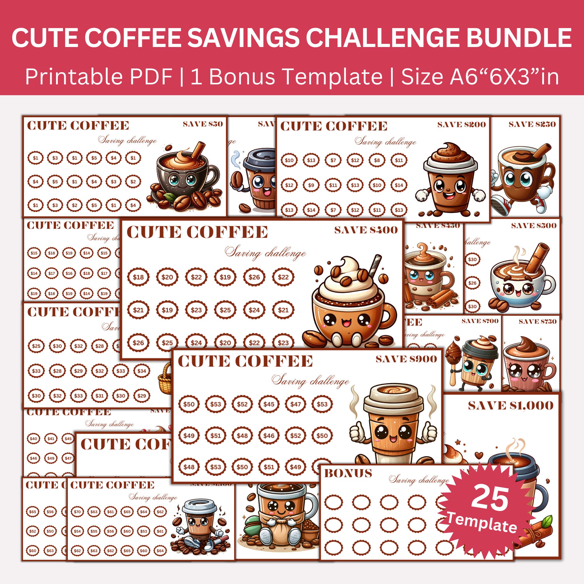 Pacchetto stampabile di sfide per il risparmio sul caffè Kawaii, mini sfide per il risparmio sul caffè A6, sfida delle buste, money tracker, pianifica
