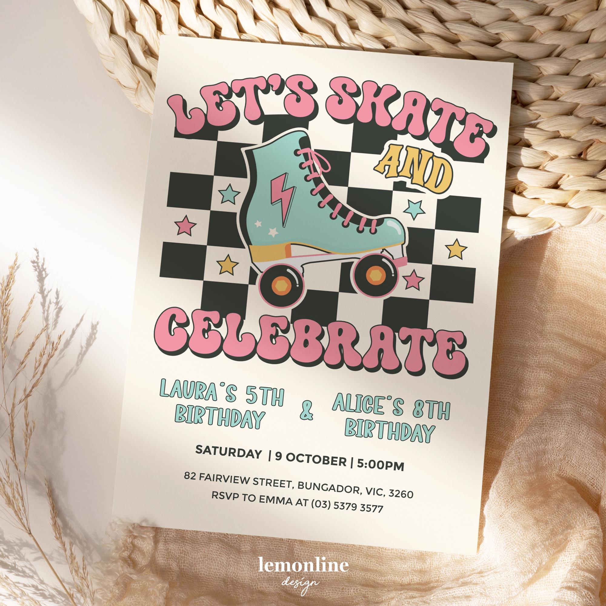Invito Let's Skate and Festete, invito congiunto Let's Roll, festa di compleanno congiunta, compleanno su pista di pattinaggio a rotelle, invito per f