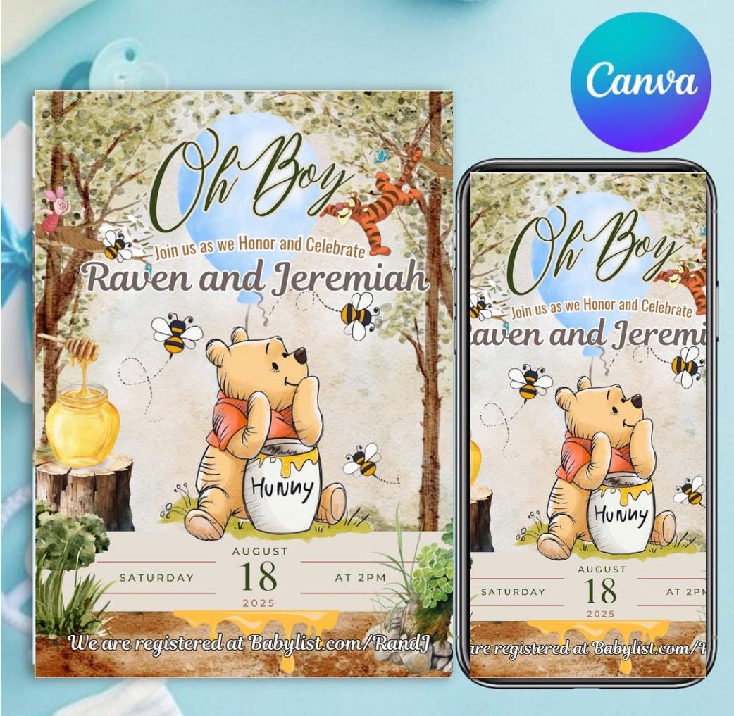 Invito modificabile per baby shower di Winnie the Pooh, invito digitale Oh Boy, invito di Winnie the Pooh, modello stampabile di Pooh, Pooh Baby B