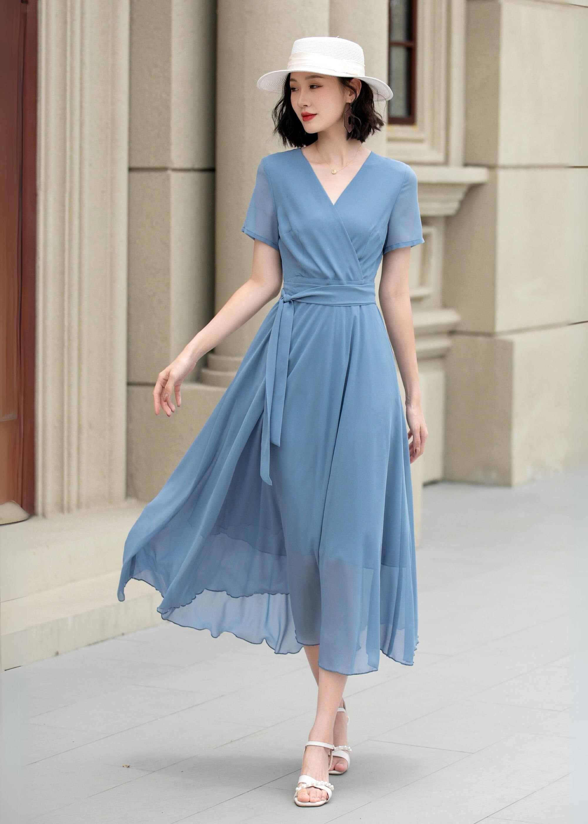 Abito in chiffon, abito estivo da donna, abito in chiffon con scollo a V e maniche corte, abito in chiffon svasato con cintura, abito midi avvolgente,