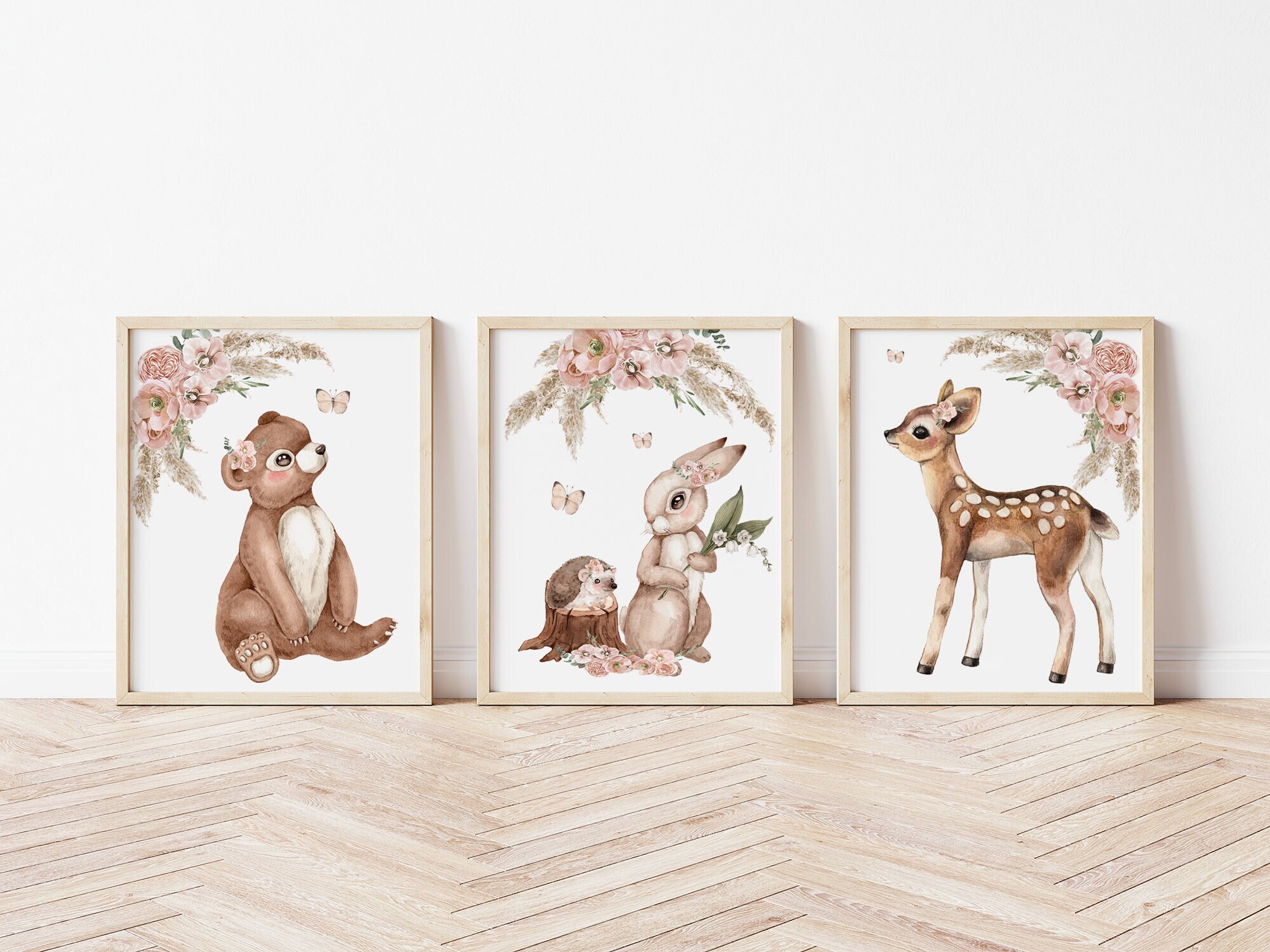 Decorazioni murali per cameretta delle bambine in legno, set di 3 stampe artistiche stampabili con animali del bosco e floreali, decorazioni murali pe