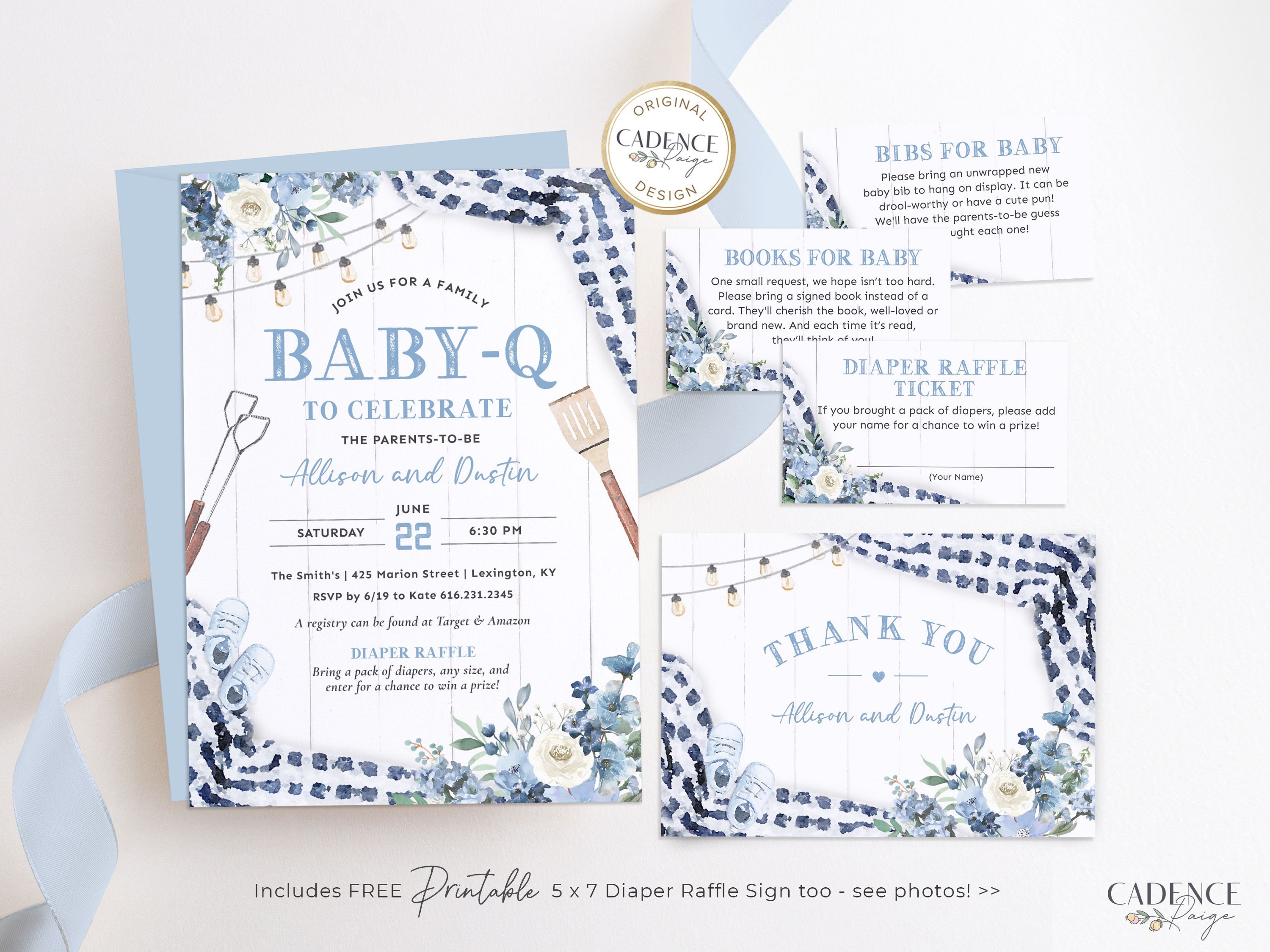 Invito per baby shower Baby-Q per maschietto, invito per baby shower barbecue, invito per baby shower in giardino Baby-Q blu con biglietti abbinati, i