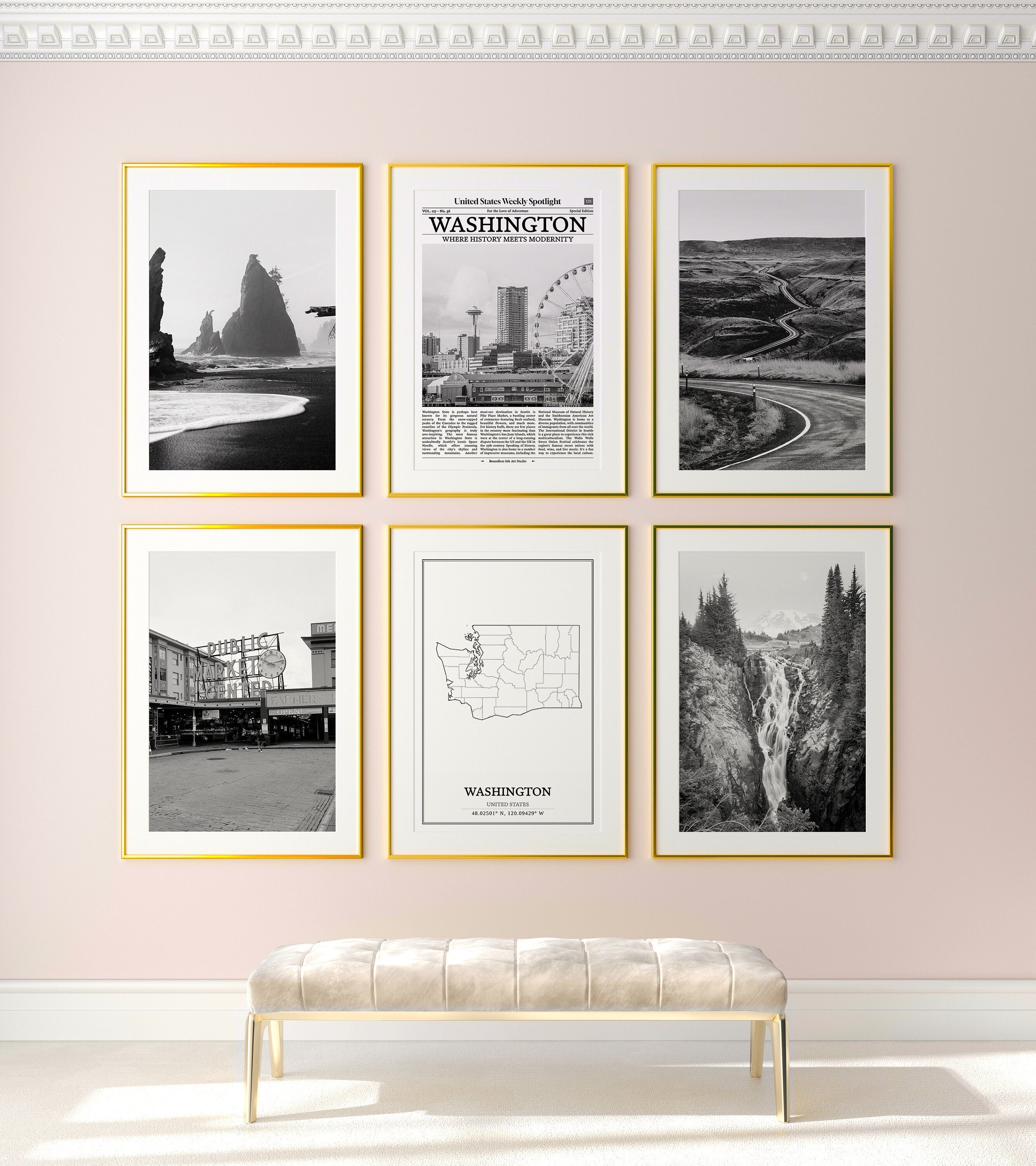 Set di 6 stampe dello Stato di Washington, stampe in bianco e nero di Washington, poster fotografico di Washington, mappa di Washington, Stati Uniti