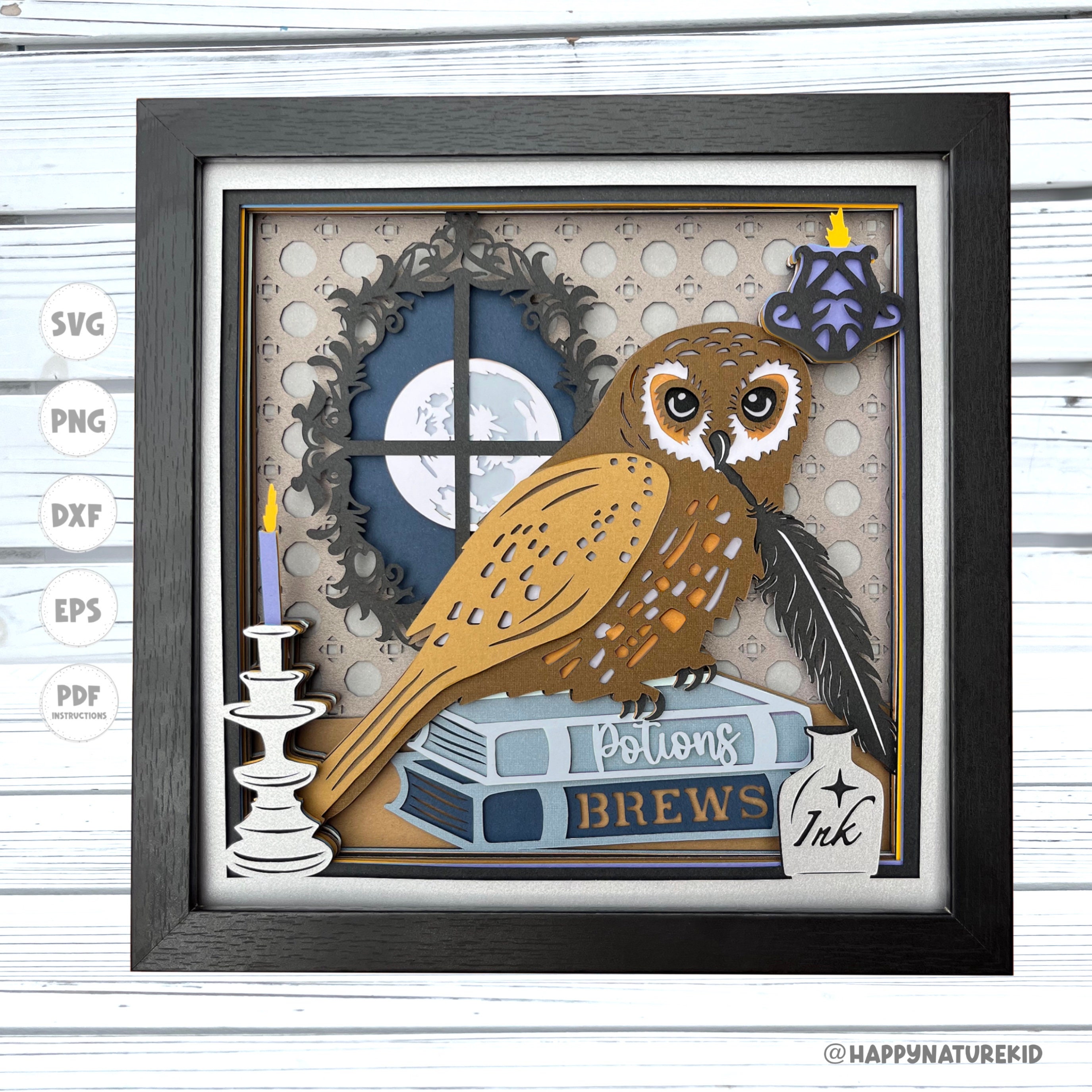 3d Owl Potion Books Shadow Box SVG, 3D Mystical SVG, Magic SVG, 3D Layered SVG, Owl Shadow Box SVG, File Svg per Cricut, Progetti Cricut