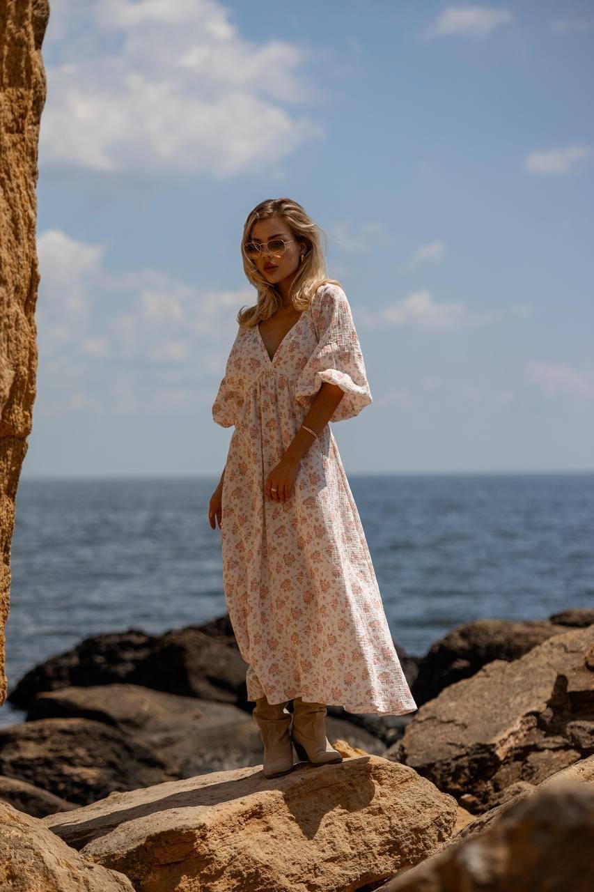 Abito lungo in mussola floreale, abito estivo boho svolazzante, abito ampio con scollo a V, completo da vacanza in stile caftano, abito elegante e leg