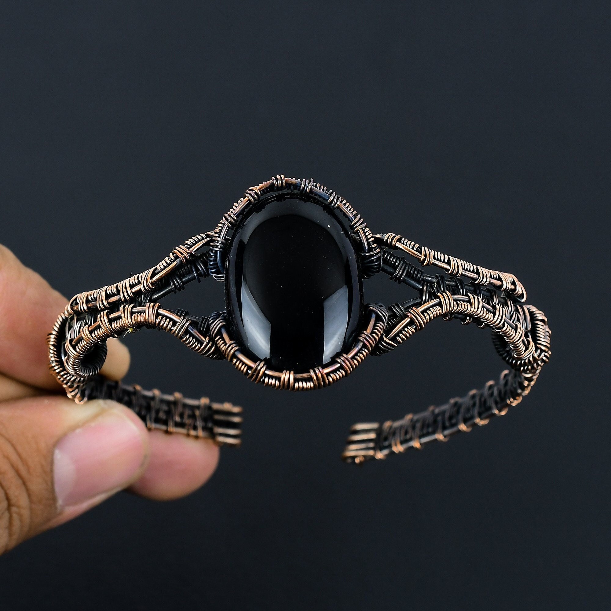 Bracciale rigido in onice nero naturale con rame Bracciale rigido in onice nero con filo di rame regolabile Bracciale rigido fatto a mano Gioielli Reg