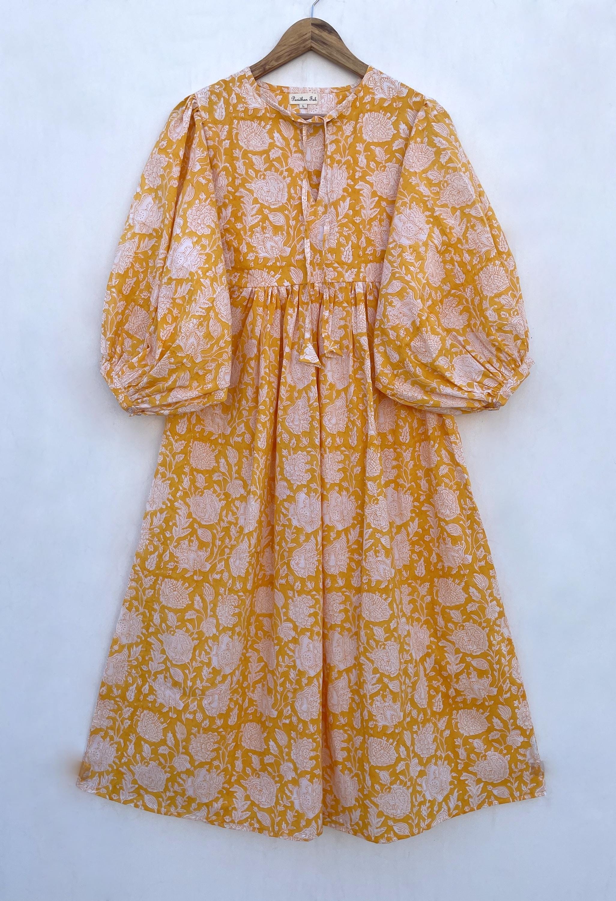 abito lungo lungo in cotone stampato jaal giallo / abito lungo lungo con scollo Henley e lacci in cotone / abito lungo lungo stampato con maniche a 3/