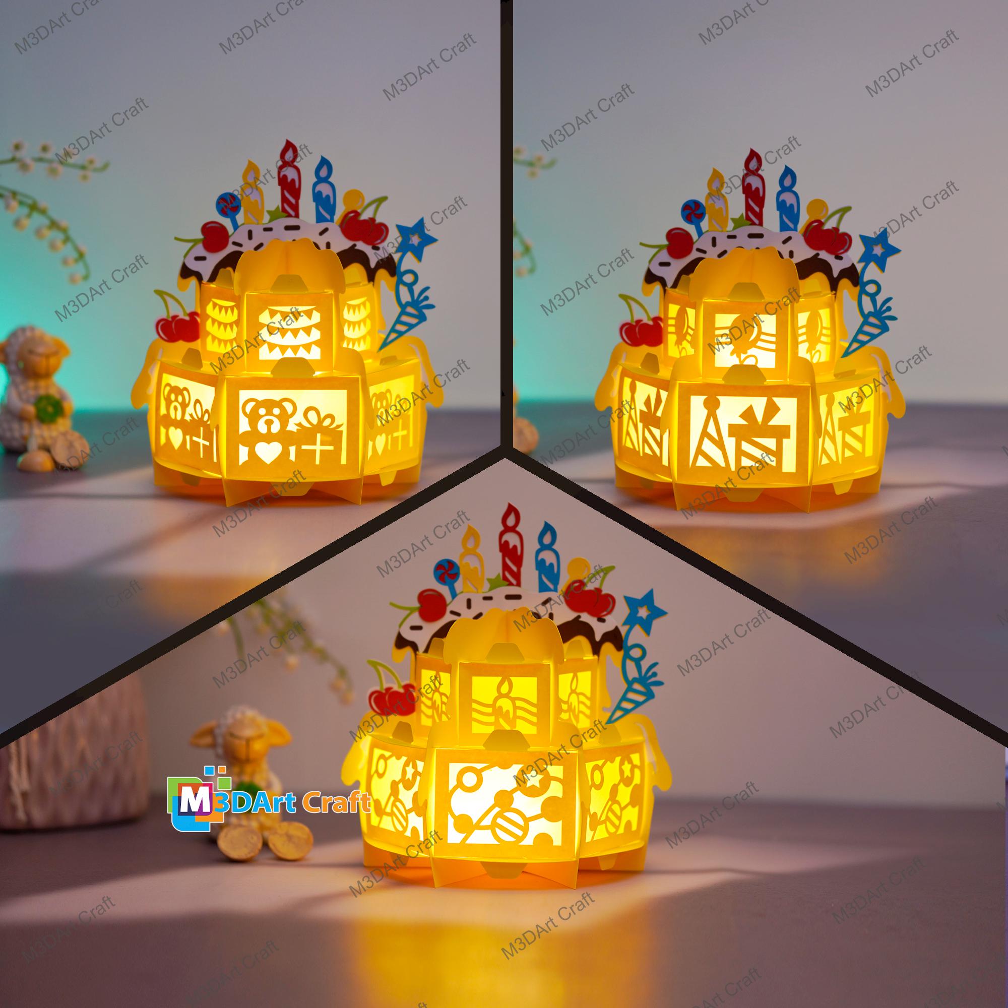 Set di 3 lanterne per torta di compleanno in formato SVG, modelli Silhouette, decorazioni di compleanno fai da te in carta, lanterne di carta per tort